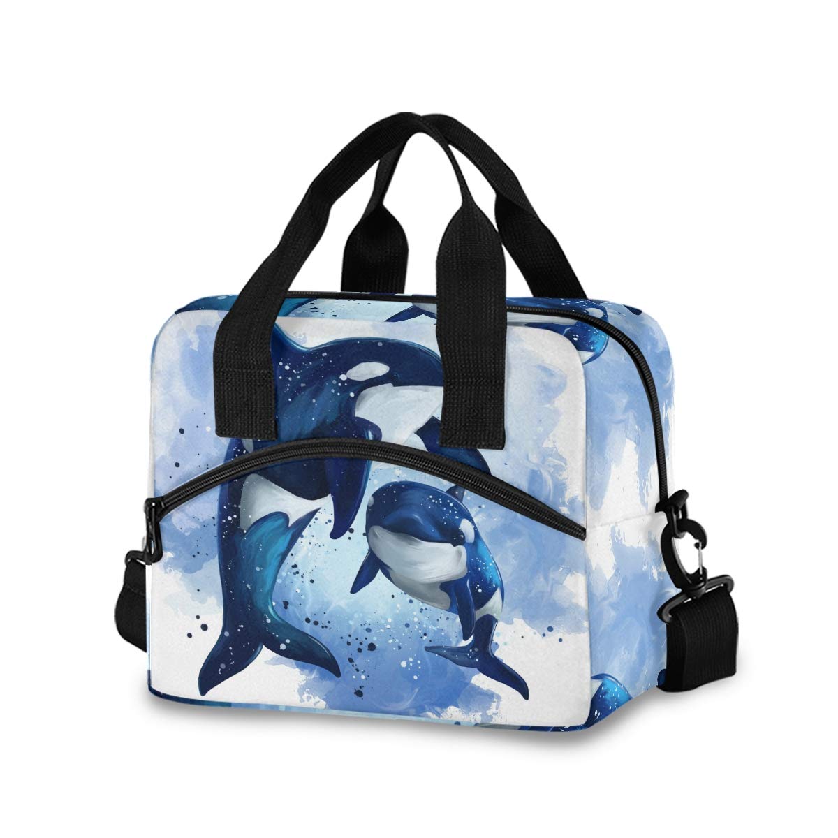 Insulated Lunch Box Tote Bag with Detachable Shoulder Strap - Reusable Cooler Bag for Work, School & Picnic - Two Killer Whales Ocean Design for Men & Women - Perfect for Office, Outdoor Activities & Daily Commute