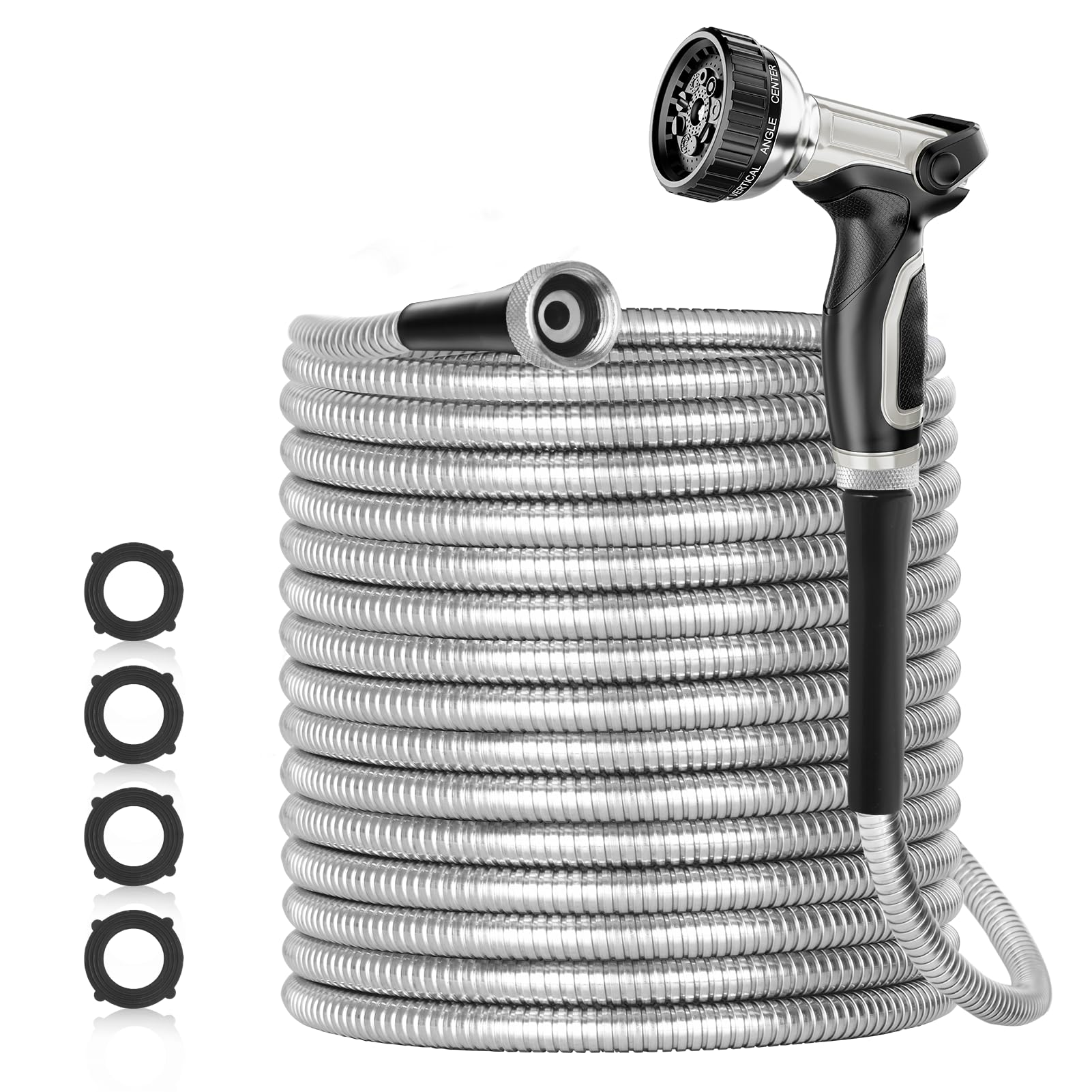 50ft 304 Stainless Steel Garden Hose - Heavy Duty Metal Water Pipe with Spray Nozzle - Flexible, Kink-Free, Tangle & Puncture Resistant for Yard, Lawn, Car Washing & Outdoor Use (Silver)