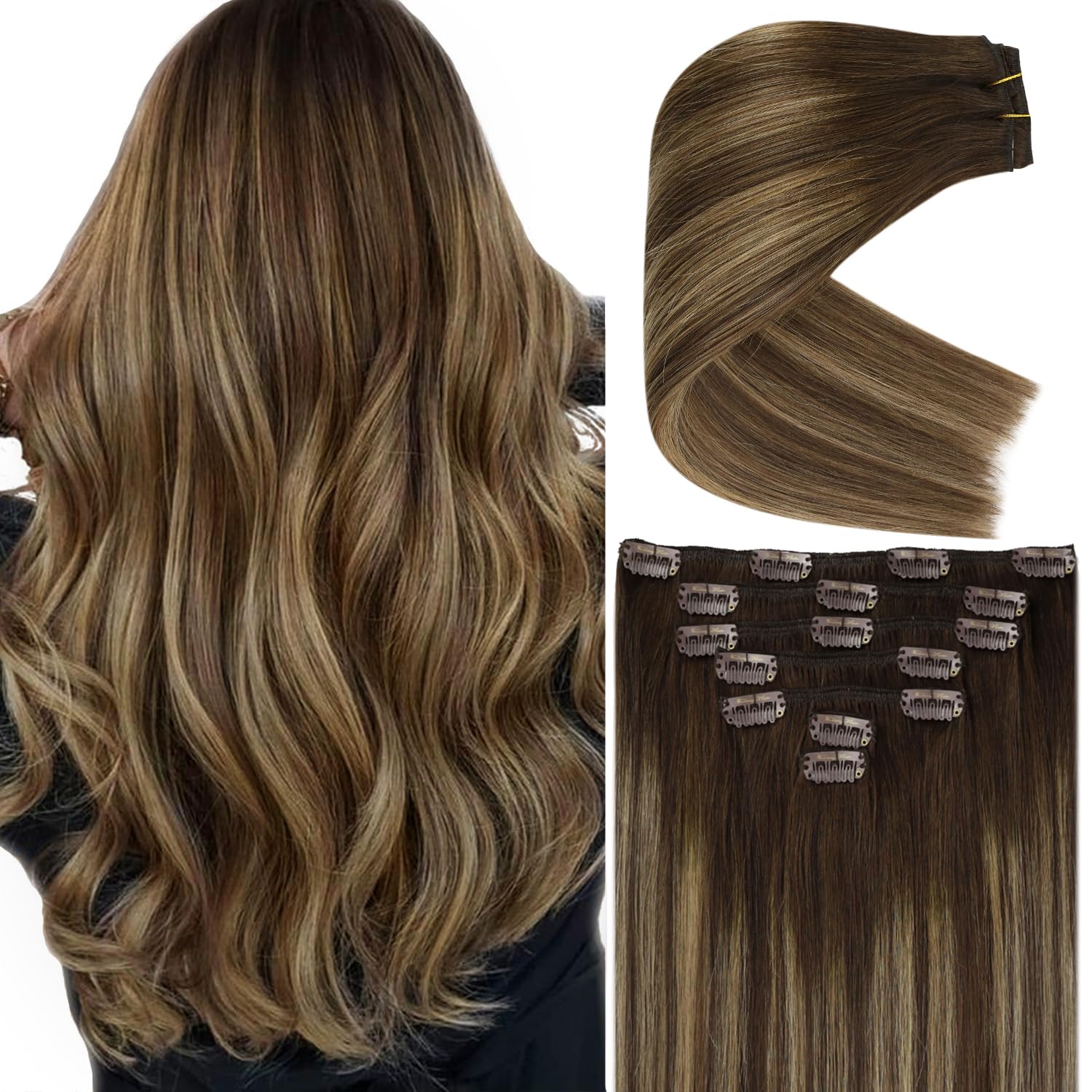 Ve Sunny 22 Inch Balayage Clip-in Human Hair Extensions - Dark Brown to Caramel Blonde Ombre (7pcs/120g) for Long Hair | Perfect for Parties, Weddings & Daily Styling