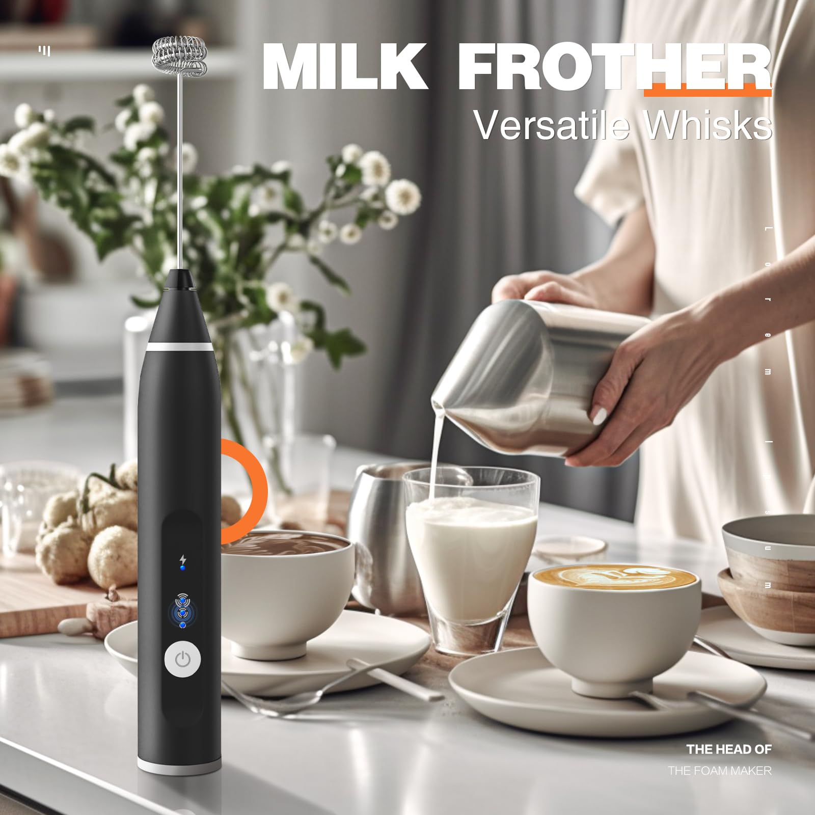 Rechargeable Handheld Electric Milk Frother - 3 Speed Adjustable with 2 Stainless Steel Whisk Attachments for Coffee, Matcha, Latte, Cappuccino & Hot Chocolate (Black) | Perfect for Home Baristas & Coffee Lovers