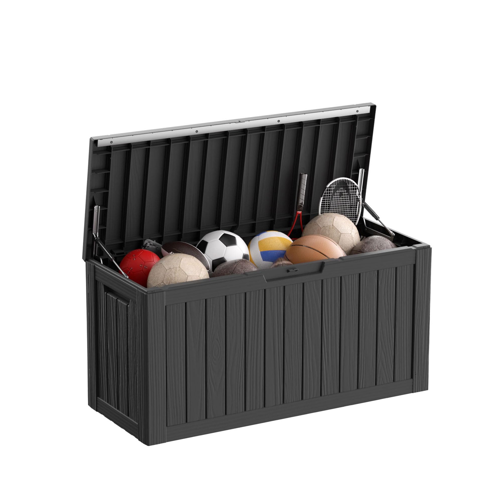 81 Gallon Deck Box with Lock - Large Waterproof & UV Resistant Outdoor Storage Container - Wood Look Resin Patio Furniture Box for Cushions, Pillows, Pool Toys (Black) - Perfect for Backyard, Garden, and Poolside Storage