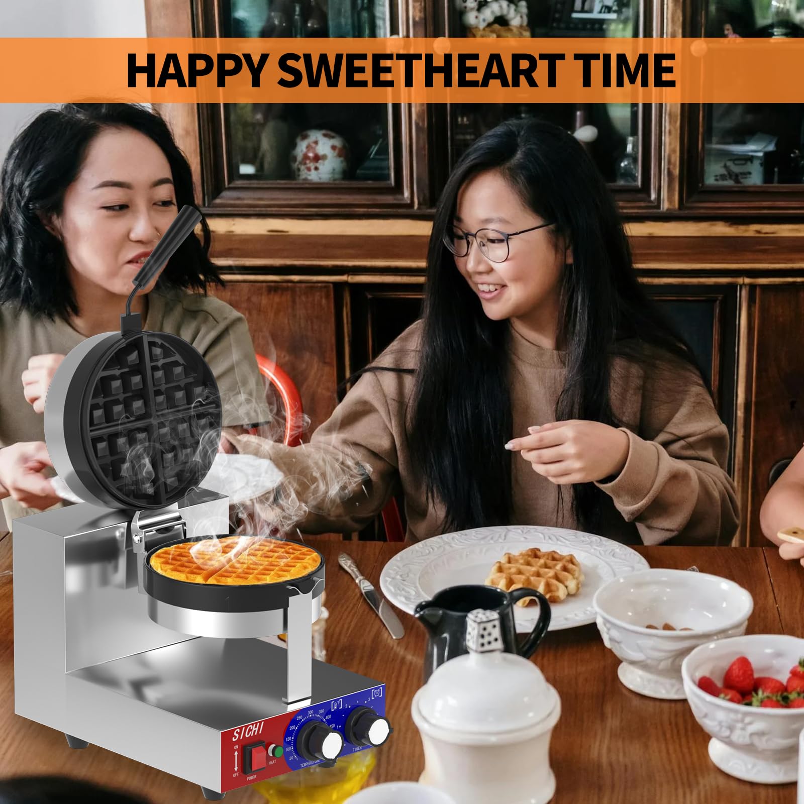 SICHI Commercial Waffle Maker - 1200W Belgian Waffle Iron with Non-Stick Baking Pan, 550°F Fast Heating, Rotating Stainless Steel Waffle Machine for 1.2