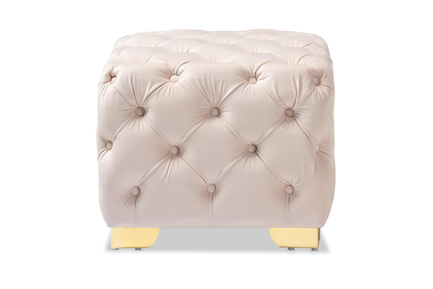 Baxton Studio Avara Tufted Ottoman - Light Beige Velvet Upholstery with Gold Finish | Luxury Footstool, Accent Seat & Bedroom Decor for Modern Living Rooms