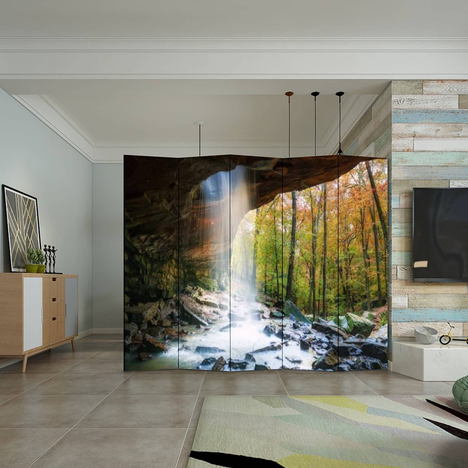 5-Panel Folding Room Divider - Freestanding Privacy Screen for Indoor Use | Canvas Partition Wall Separator | Perfect for Home, Office & Studio Spaces | Inspired by Ozark National Forest Autumn Scenery
