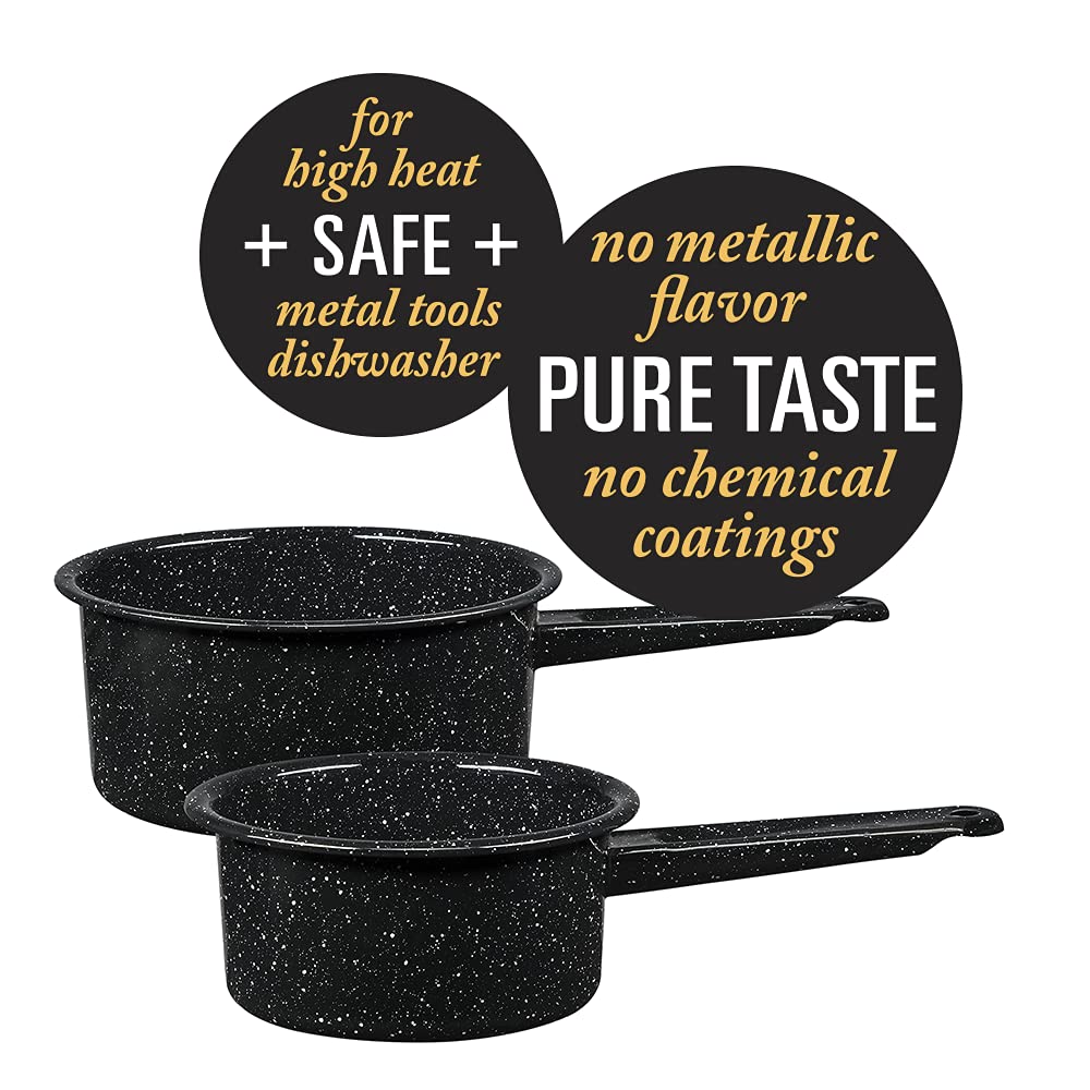 Granite Ware 1 Quart & 2 Quart Enameled Steel Saucepan Set - Durable Camping Cookware for Outdoor Cooking, Oven Safe & Direct Fire Compatible - Perfect for Camping Trips, RV Adventures & Backpacking Meals
