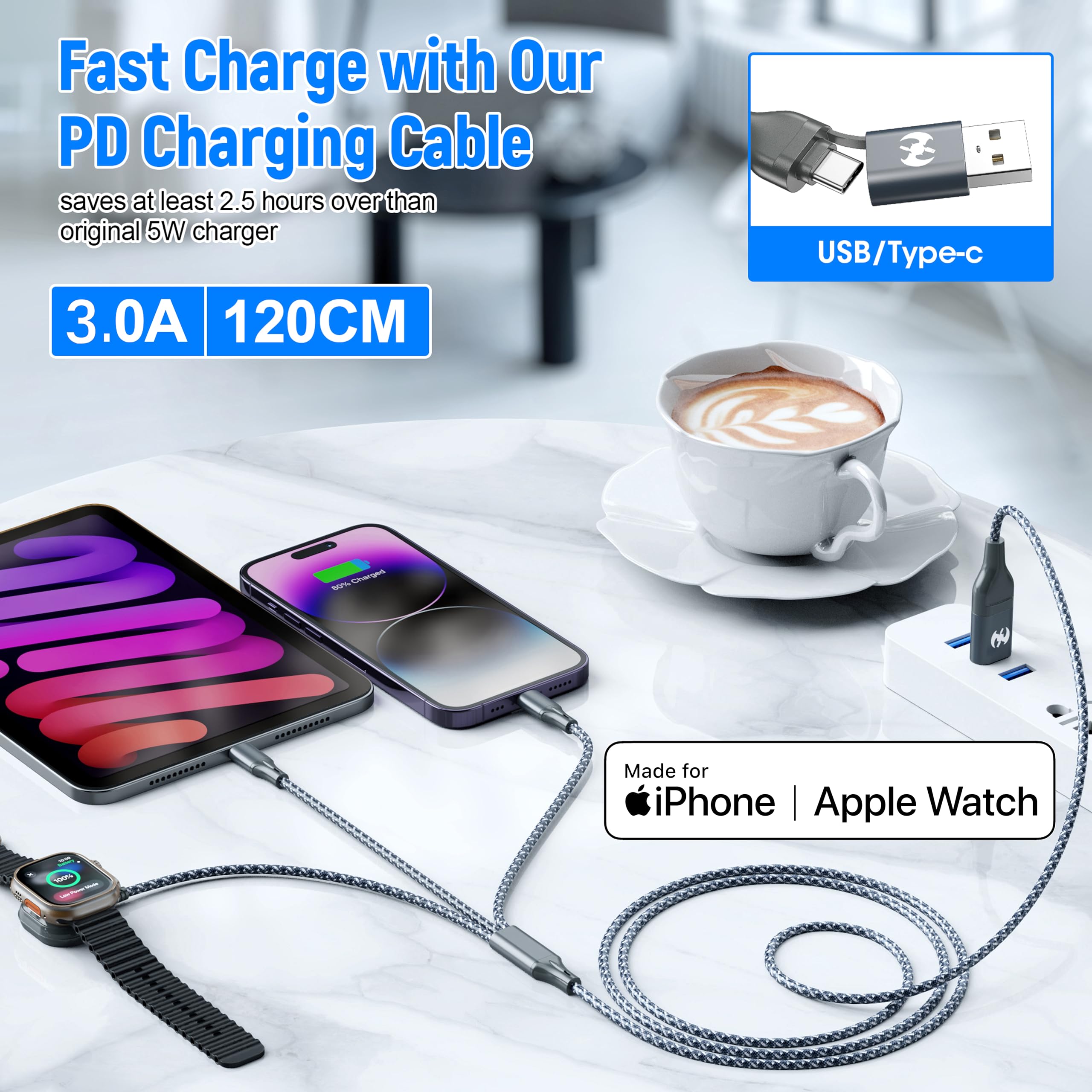 6-in-1 Multi Charging Cable for Apple Watch/iPhone/Android - 4FT Nylon Braided USB C to Lightning & Magnetic Wireless Charger | Compatible with iWatch Series 1-8, iPhone 14/13/12, Samsung Galaxy | Perfect for Travel, Office & Home Charging