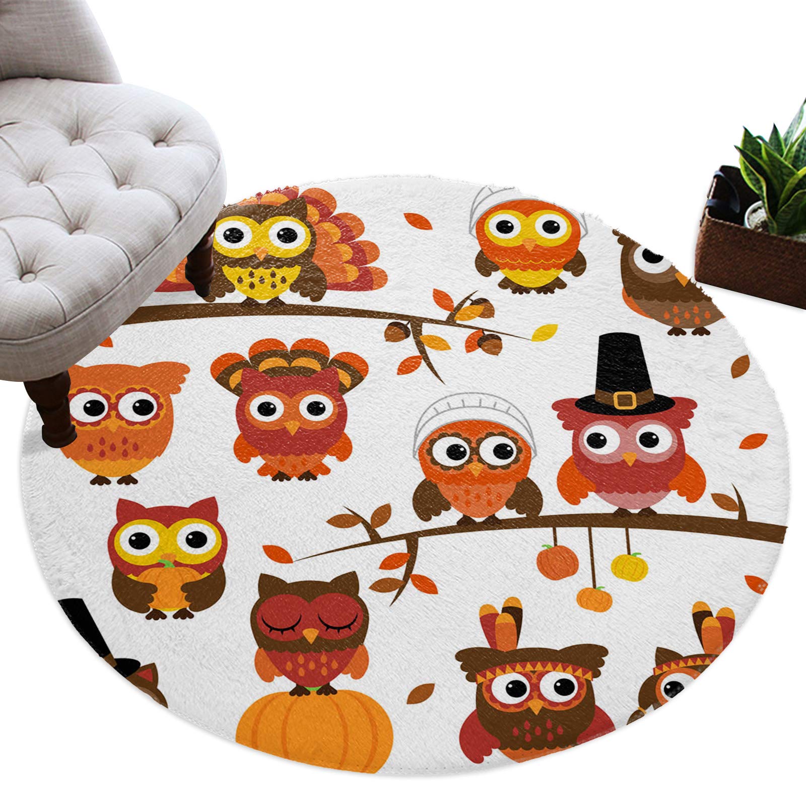 Non-Slip Soft Plush Cartoon Owl on Branch Pumpkin Maple Leaf Shag Area Rug for Kids Room, Nursery, Living Room & Bedroom - Modern Home Decor (3ft Round) | Perfect for Playrooms, Dorm Decor & Cozy Floor Seating