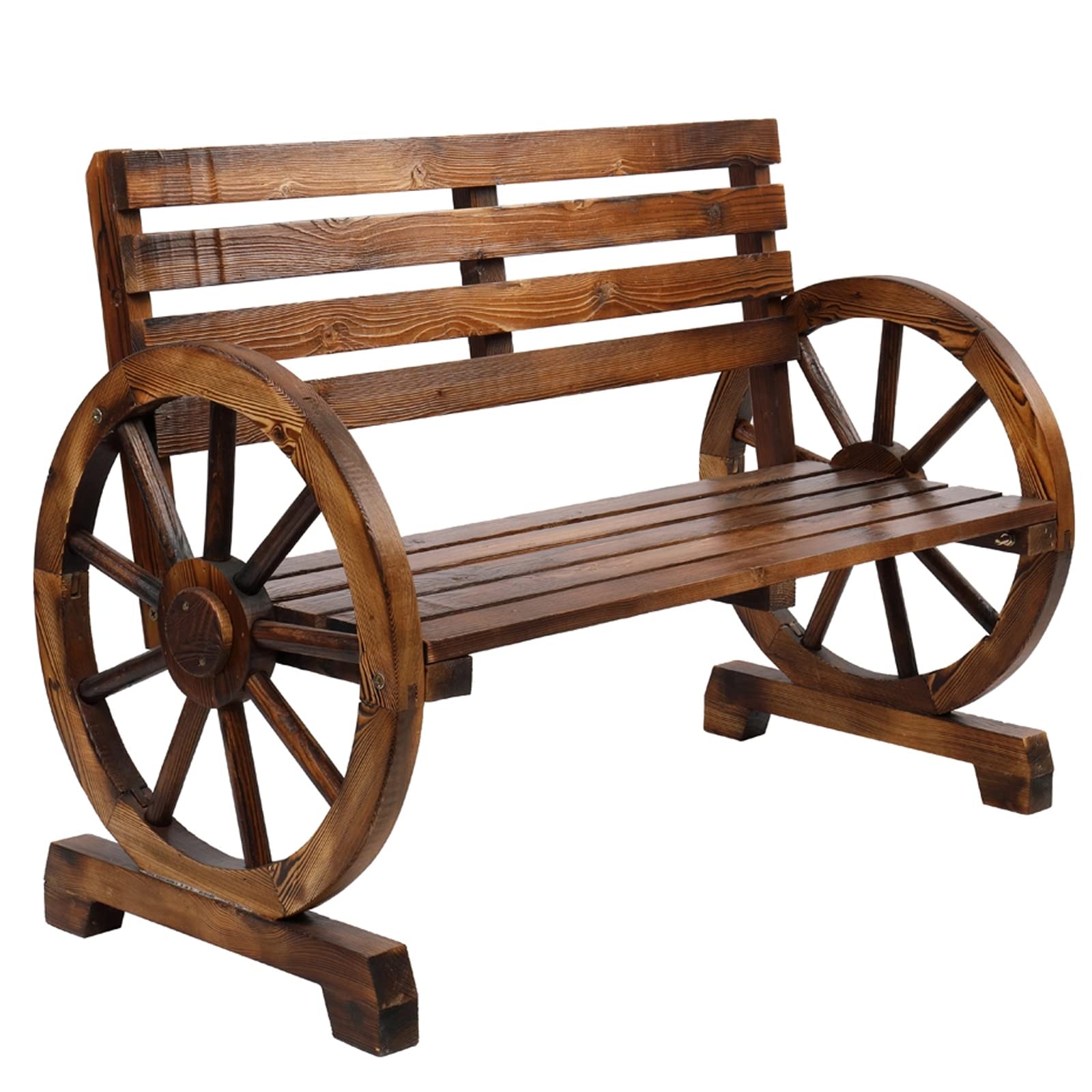 Rustic Outdoor 2-Person Wooden Bench with Wagon Wheel Design - Slatted Seat & Backrest - Perfect for Backyard, Patio, Porch, Garden Lounge - Durable Outdoor Furniture for Relaxing & Entertaining