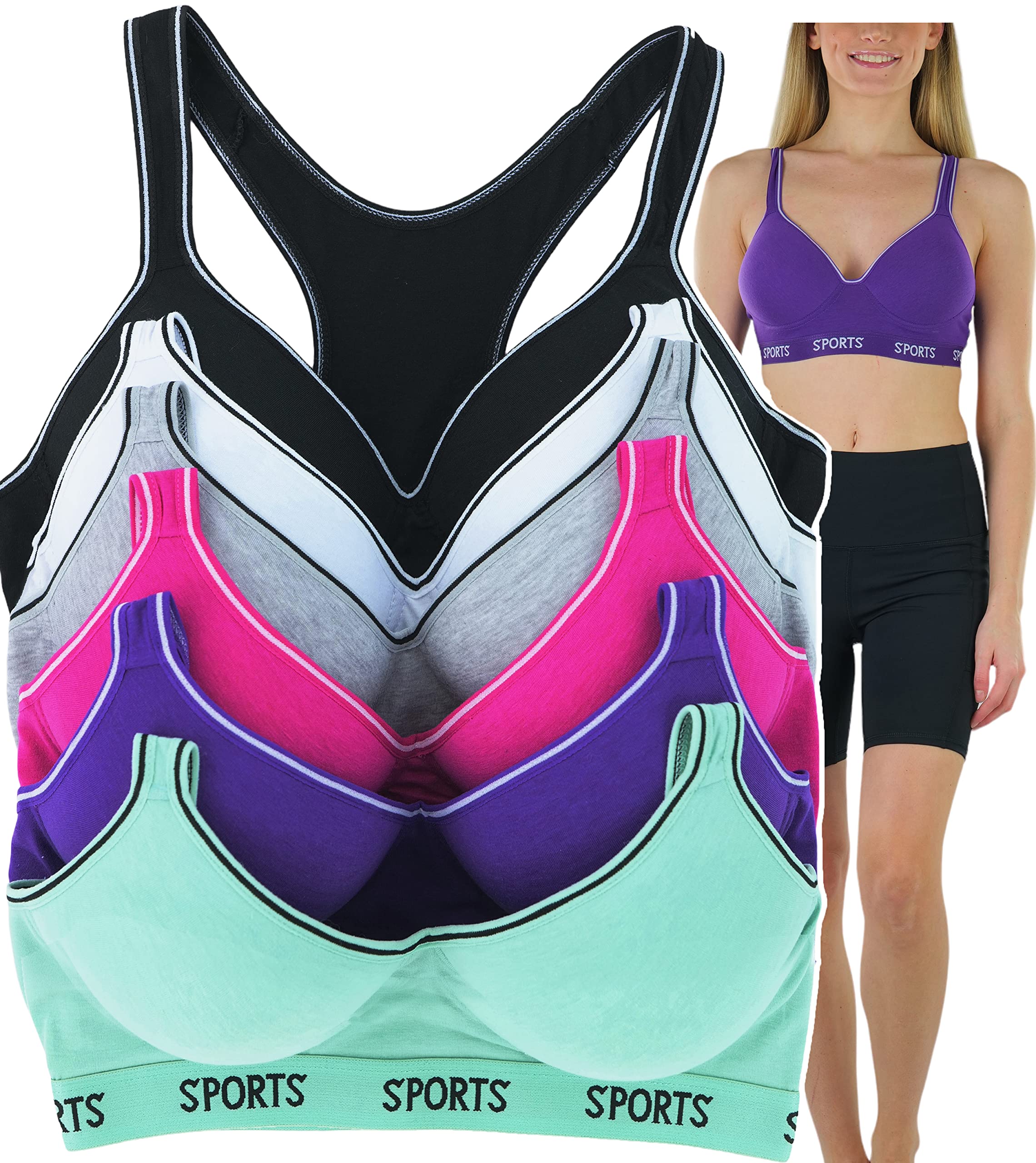 ToBeInStyle Women's 6-Pack Colorful Sports Bras with Logo Design - Perfect for Yoga, Gym & Running Workouts