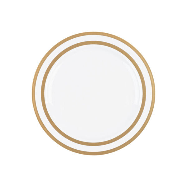 32-Piece White and Gold Rim Plastic Dinnerware Set for 16 Guests - Elegant Symmetry Design for Parties, Weddings, and Outdoor Dining