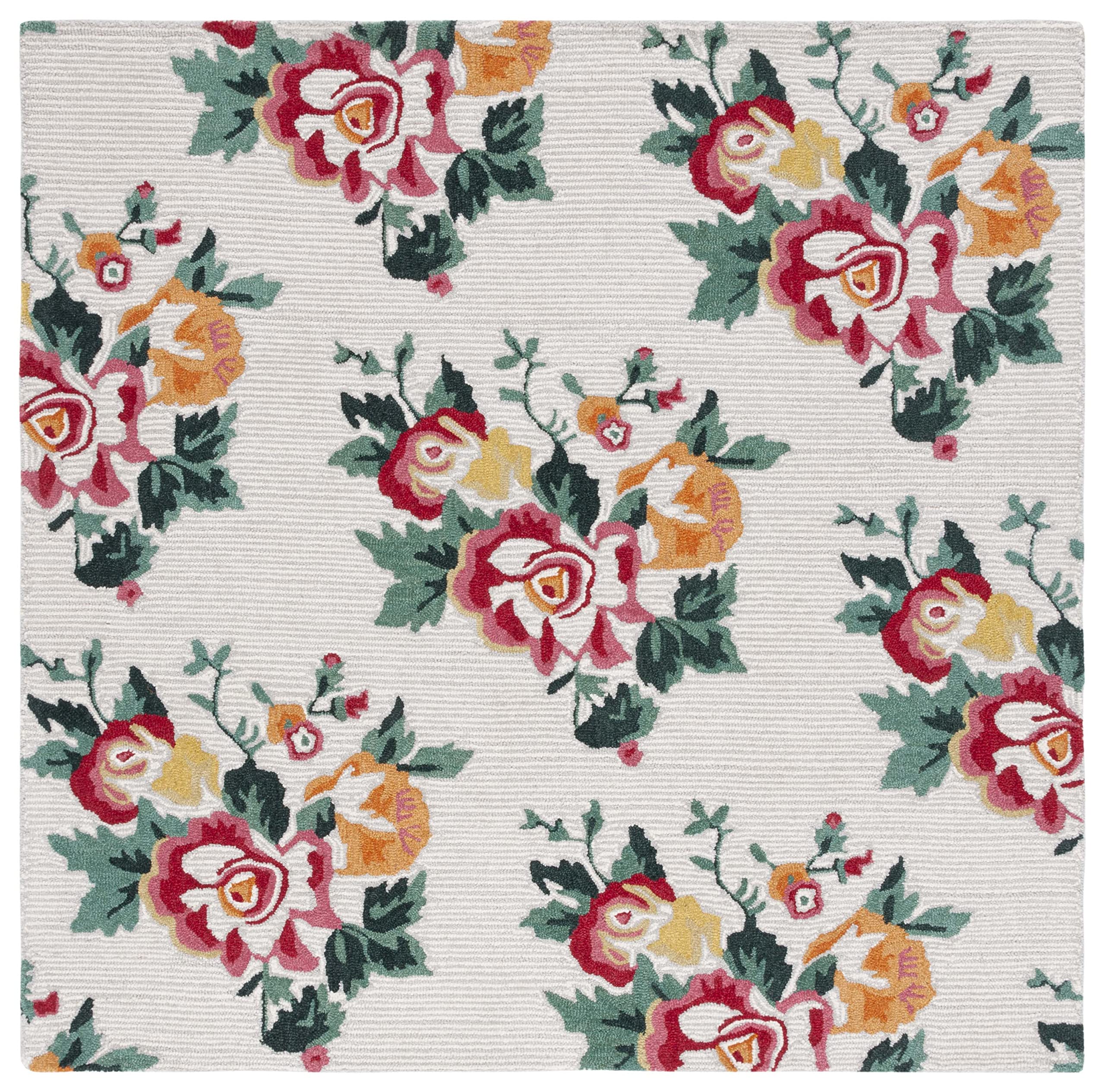 SAFAVIEH Jardin Collection 6'x6' Ivory/Red Handmade Wool Area Rug - French Country Floral Design for Living Room, Bedroom & Dining Room Decor
