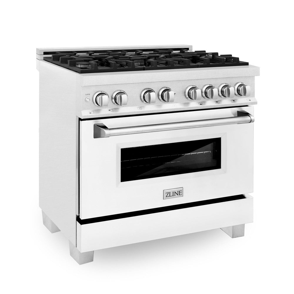 ZLINE 36-inch Professional Dual Fuel Range Kitchen Package - Stainless Steel Gas Stove with White Matte Door & Convertible Vent Hood - Perfect for Home Chefs & Modern Kitchens