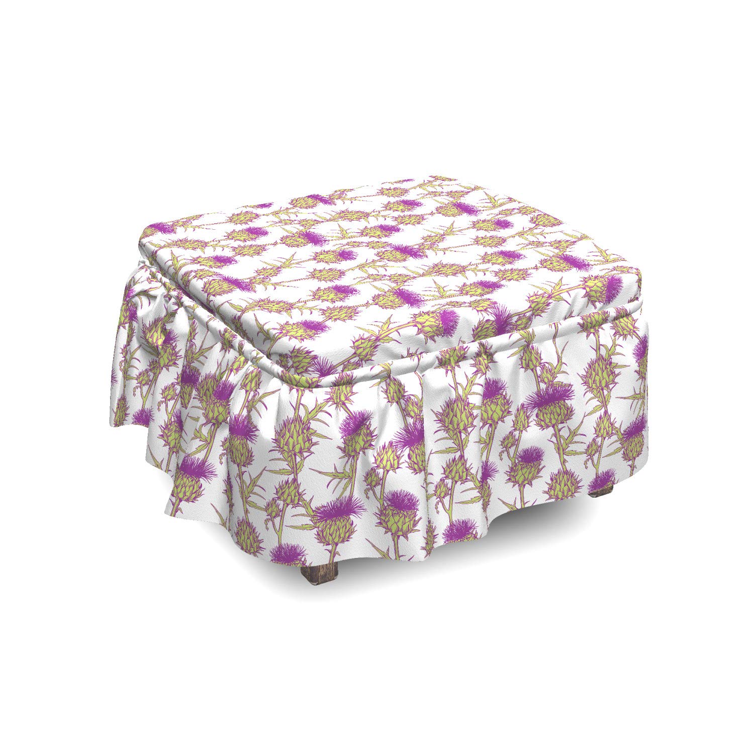 Ambesonne 2-Piece Thistle Ottoman Slipcover Set with Ruffle Skirt - Summer Floral Thistle Design in Apple Green, Purple & White - Fits Square, Round & Cube Footstools - Home Decor Accent for Living Room, Bedroom & Nursery