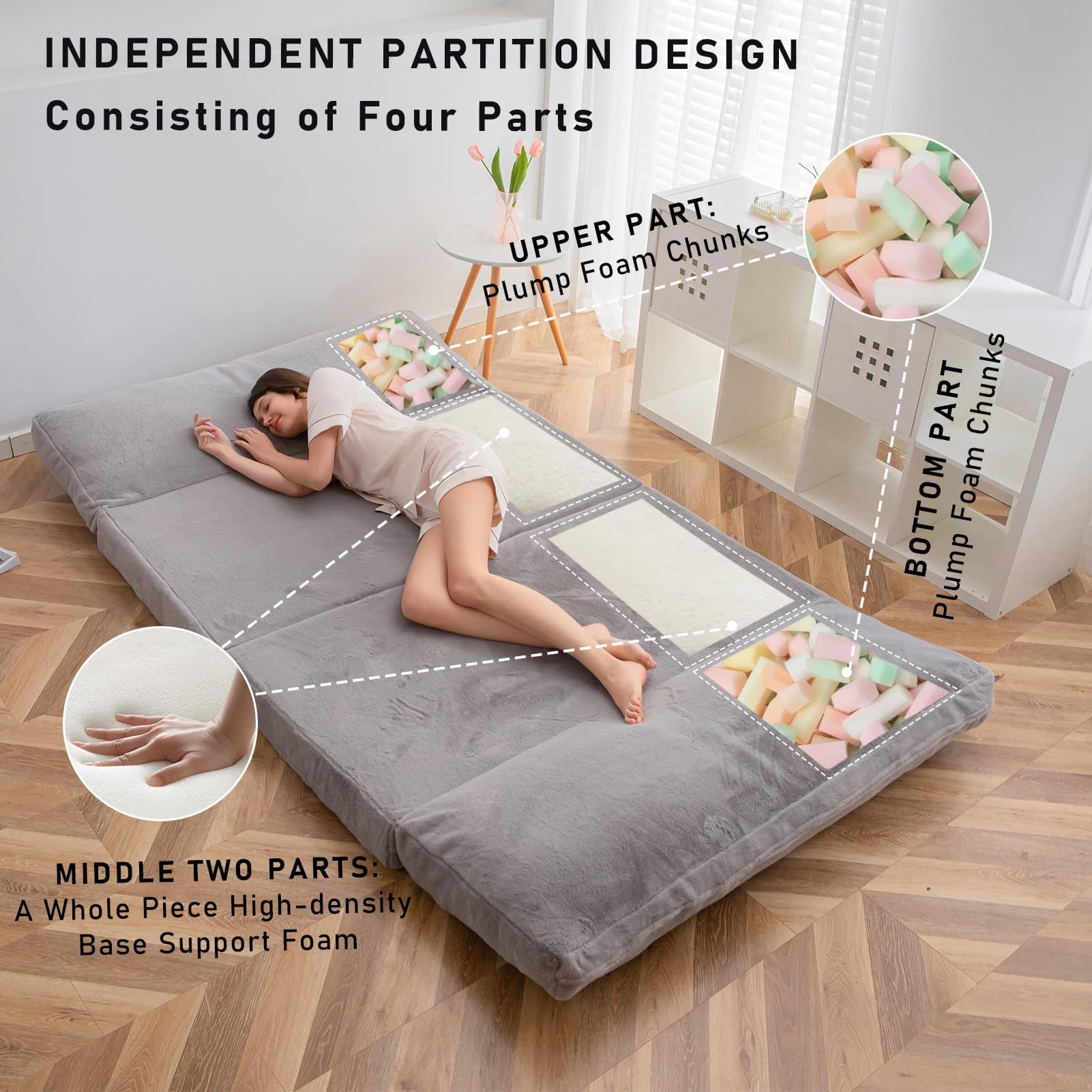 MAXYOYO Extra Thick Folding Bean Bag Bed - 54x95 Inch Floor Sofa for Adults with Washable Faux Fur Cover | Versatile Floor Couch for Bedroom, Living Room & Guest Room | Grey Comfortable Floor Chair for Relaxing, Lounging & Sleepovers