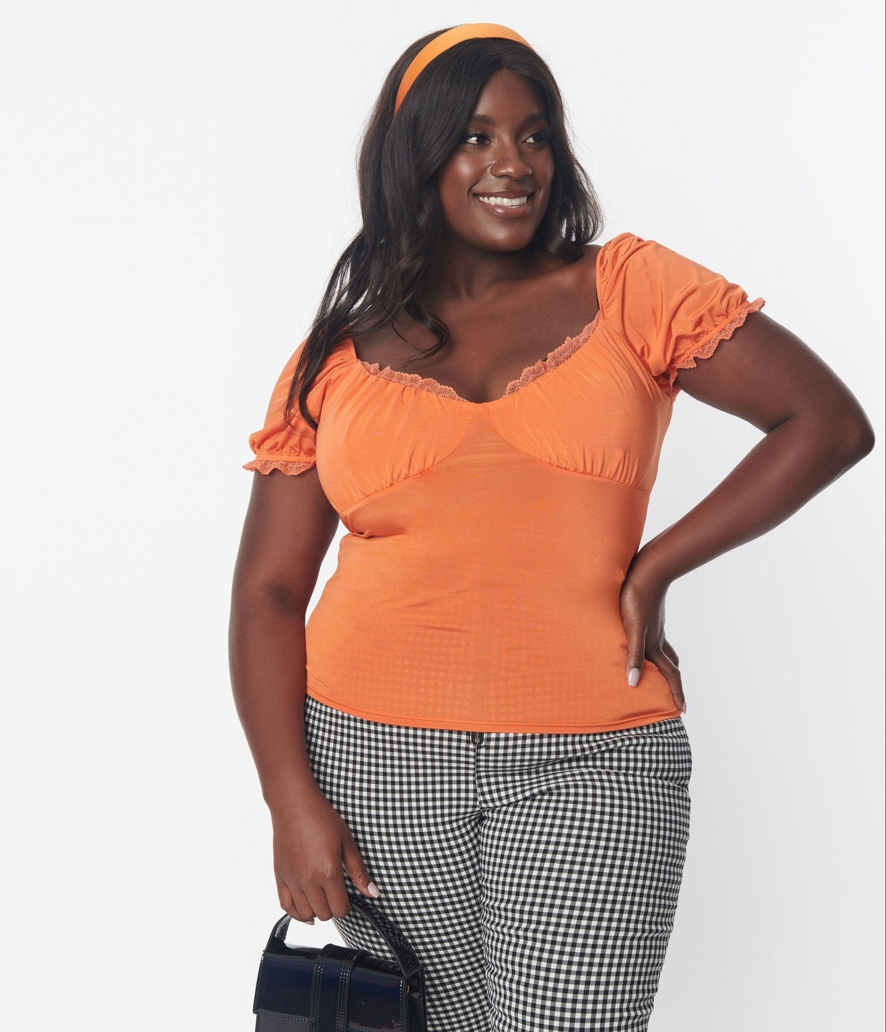 Plus Size Tangerine Lace Trim Puff Sleeve Blouse for Women - Flowy Boho Chic Top for Casual Wear, Date Night & Office Outfits