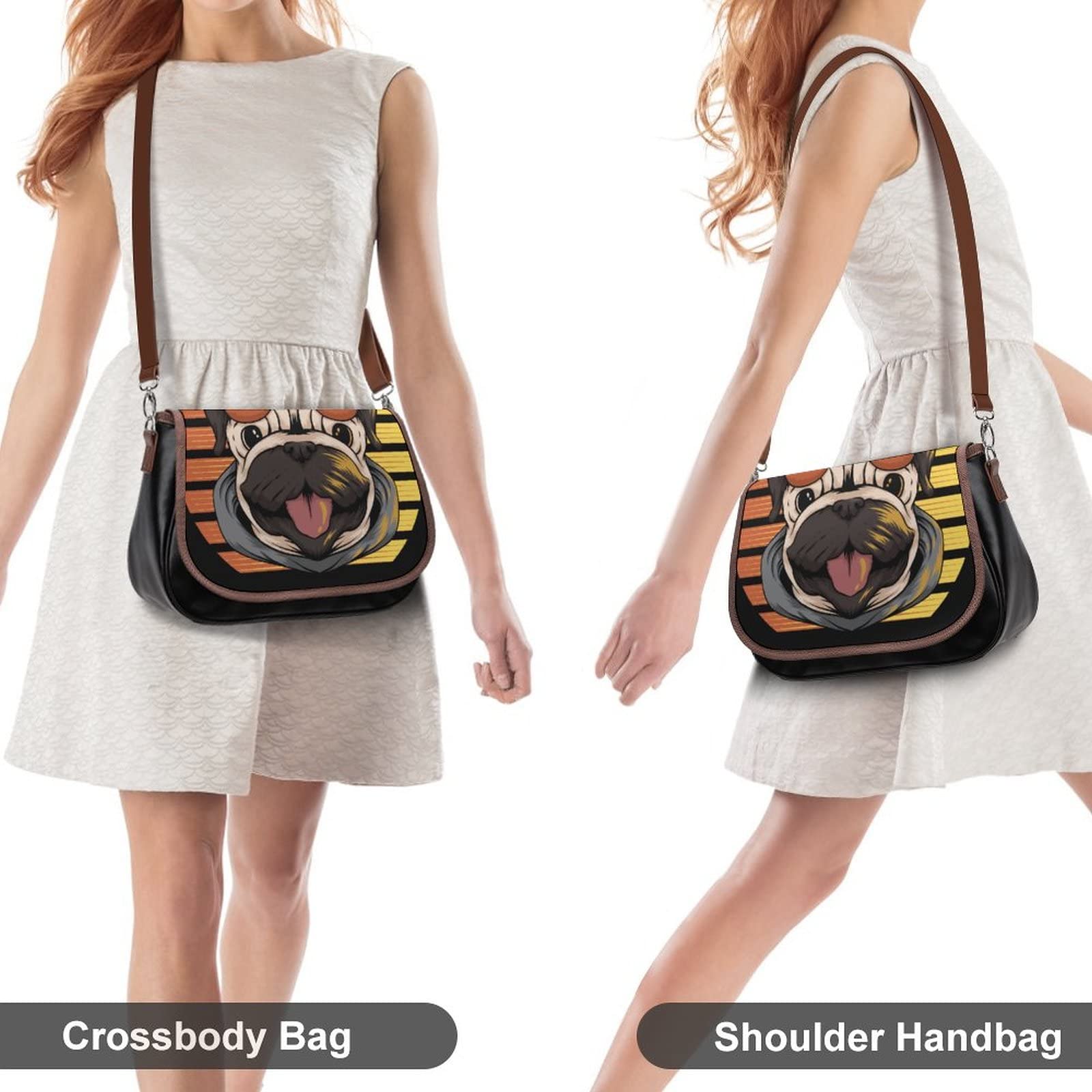 Vintage Leather Crossbody Bag for Women - Stylish Hobo Shoulder Bag with Cartoon Pug Print for Daily Use