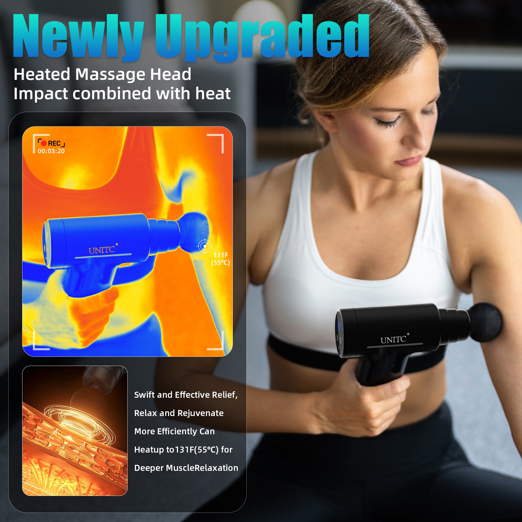 Unitc Handheld Massage Gun with Heat & Cold Therapy - Deep Tissue Massager for Back, Neck & Muscle Pain Relief - 6 Interchangeable Heads - Perfect Gift for Athletes & Office Workers - Use for Post-Workout Recovery & Stress Relief
