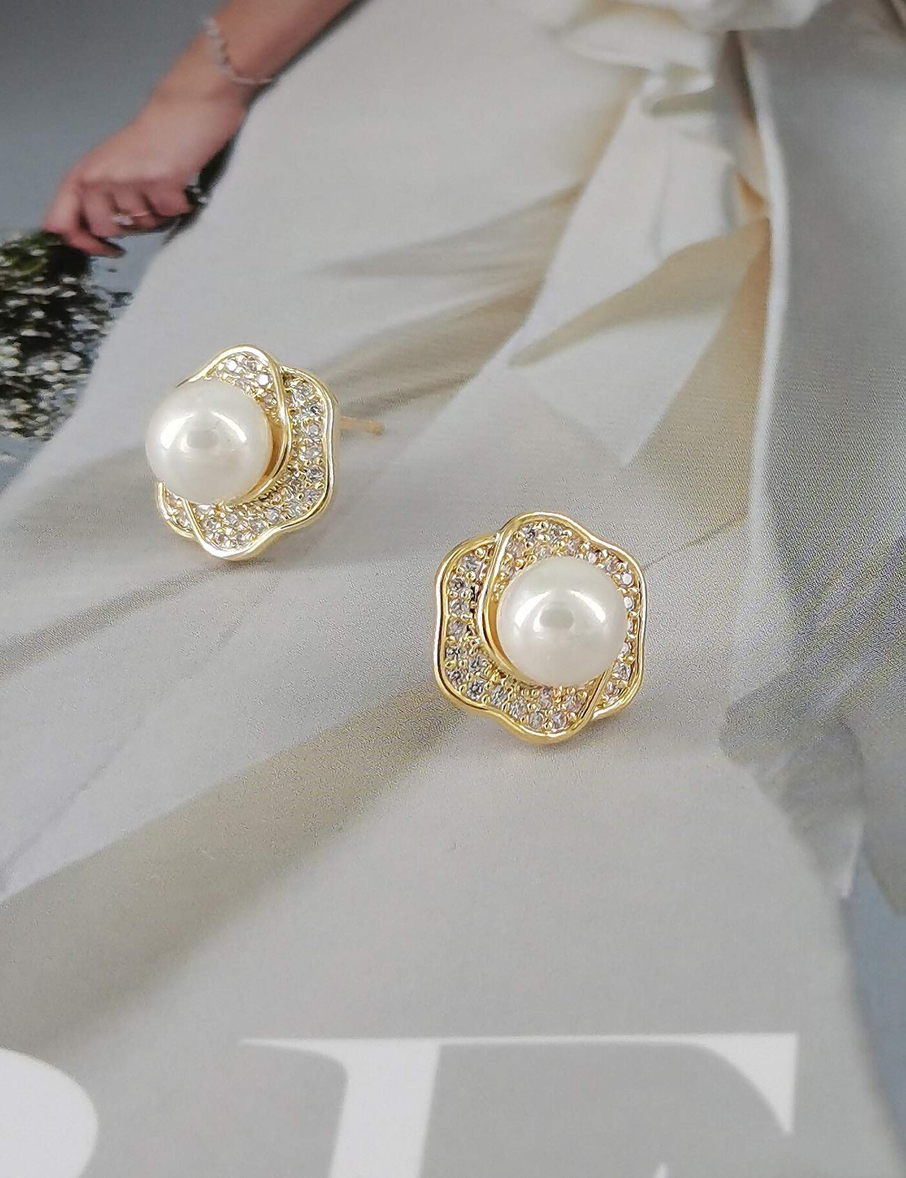White Pearl Stud Earrings for Women - Cultured Freshwater Pearl & CZ Pave Earrings - Elegant Jewelry for Wedding, Party & Everyday Wear