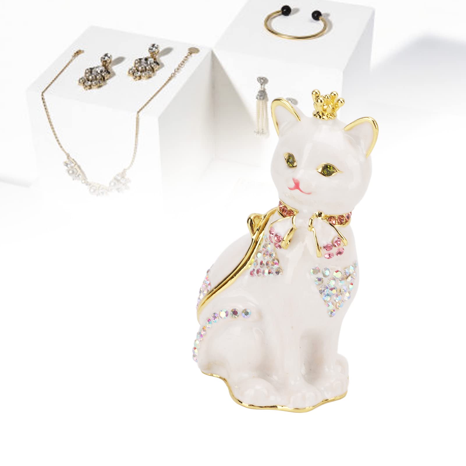 Sparkling Rhinestone Cat Jewelry Box with Hinged Lid - Handpainted Cat Decor Trinket Box for Rings, Earrings & Necklace Storage - Elegant Home Decor Organizer for Women & Girls (Perfect for Bedroom Vanity, Gift Giving & Jewelry Organization)