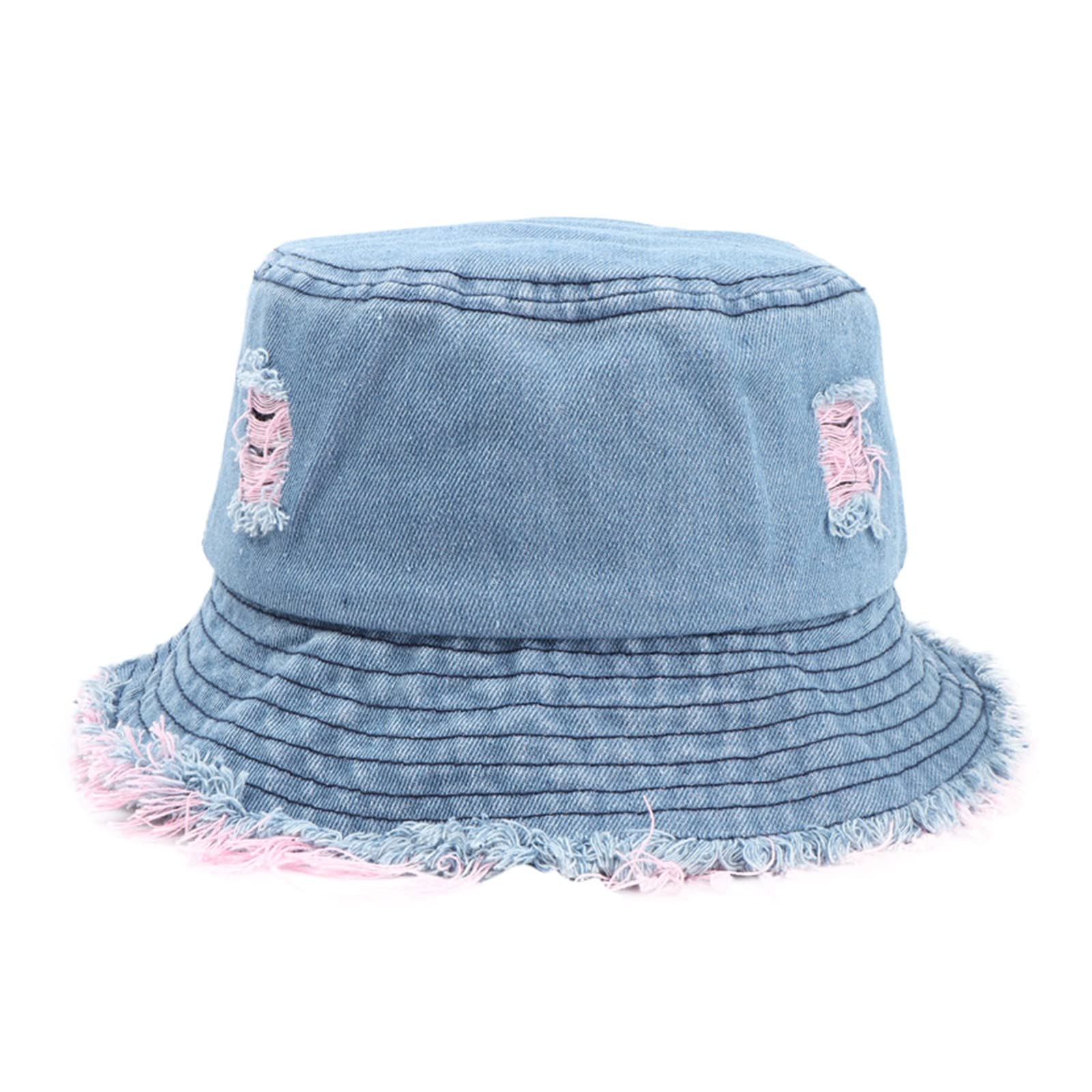 Reversible Denim Bucket Hat for Women & Teens - Washed Jean Style with Frayed & Ripped Details - Breathable Cooling Sun Hat for Outdoor Activities, Beach, and Summer Fashion