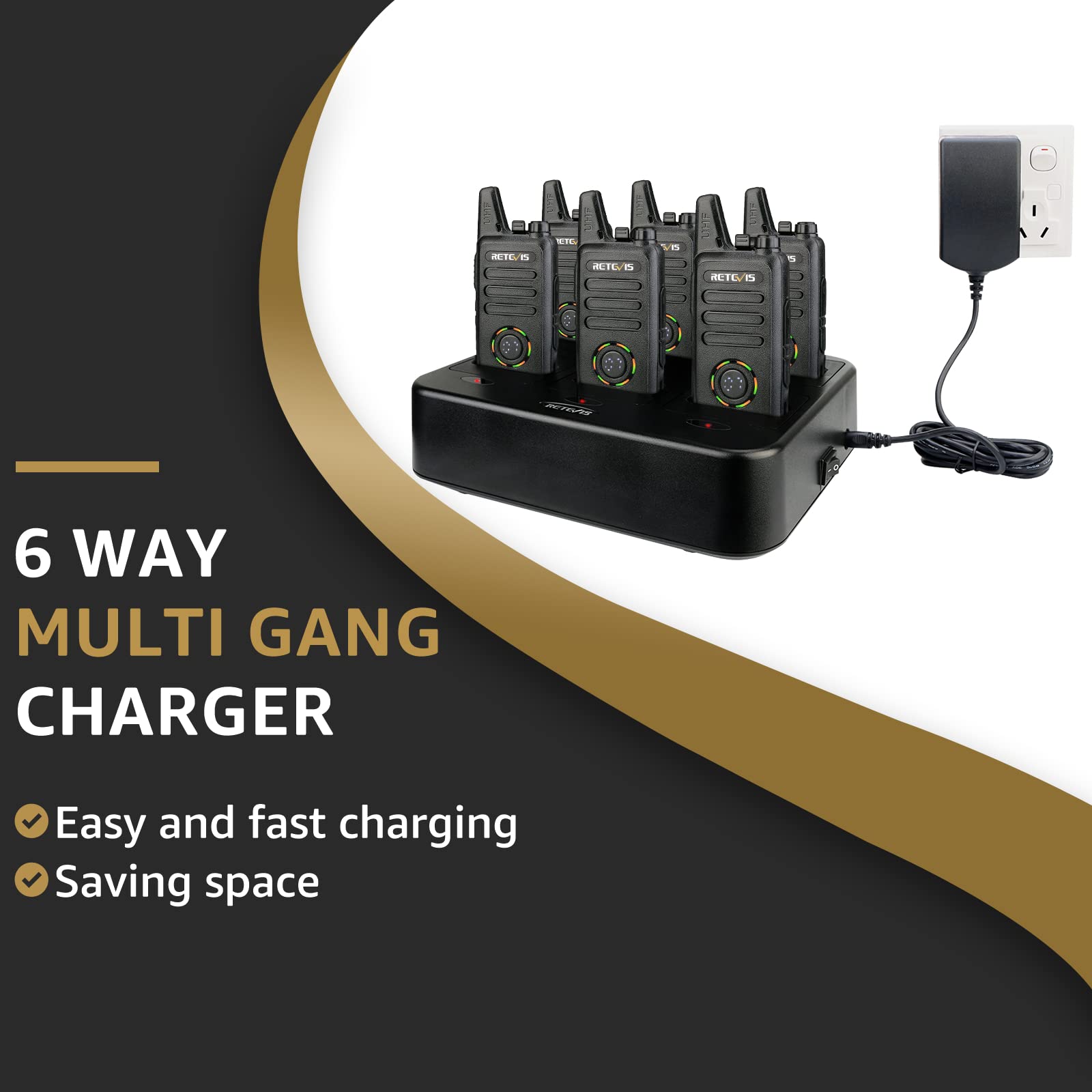 Retevis RT22S Rechargeable Long Range Walkie Talkies - 2 Way Radios with Earpiece & Mic Set, LCD Channel Display, Signal Prompt, Handsfree Portable Two-Way Radio (6 Pack) & 6-Port Multi Charger - Perfect for Construction Sites, Warehouse Operations, Outdoor Adventures and Event Coordination