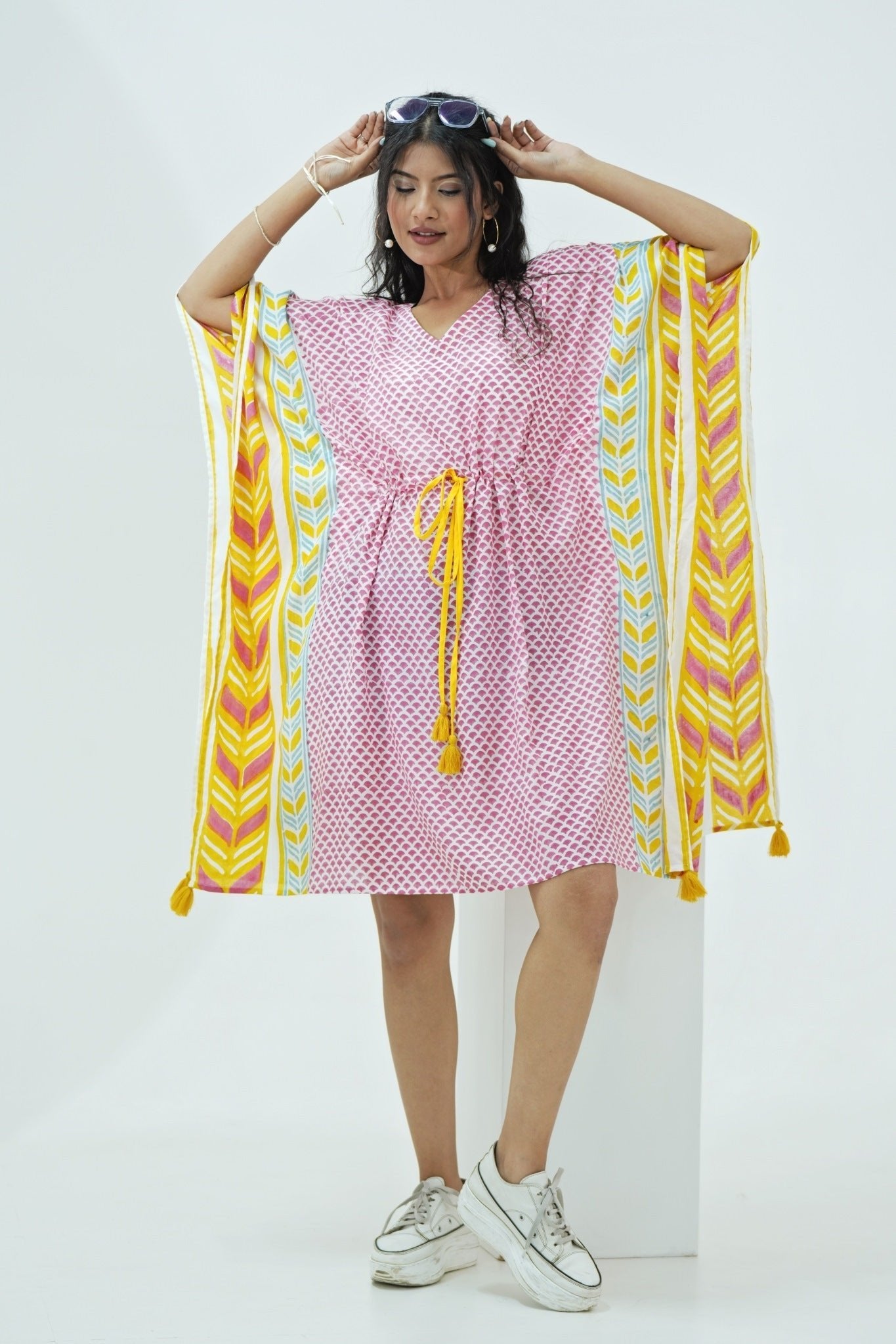 Handmade Rainbow Drops Block Printed Kaftan Dress - Bohemian Cotton Maxi Dress for Women, Perfect for Beach Vacation, Summer Festival & Casual Wear
