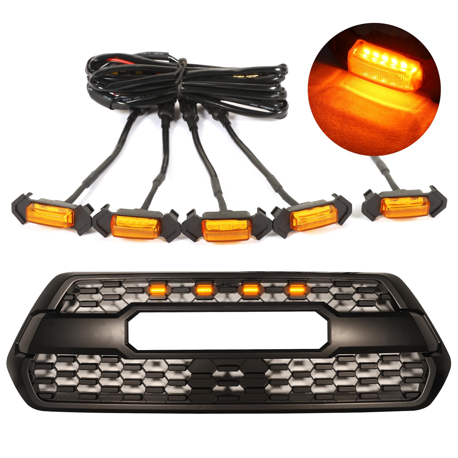 5PCS Amber LED Grill Lights for Toyota Tacoma 2015-2023 TRD-Pro & Aftermarket Grills - Waterproof Off-Road Lighting for Trucks, SUVs, ATVs - Perfect for Night Driving, Camping & Outdoor Adventures