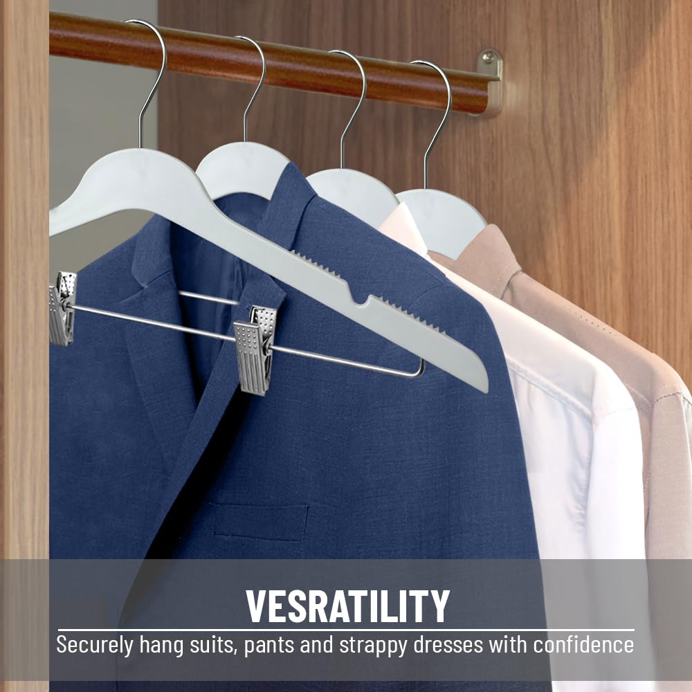 All Hung Up Slim Hangers with Clips - Space Saving Thin Clothes Hangers for Blouses, Shirts & Pants (White, 100 Pack) - Perfect for Closet Organization & Small Spaces