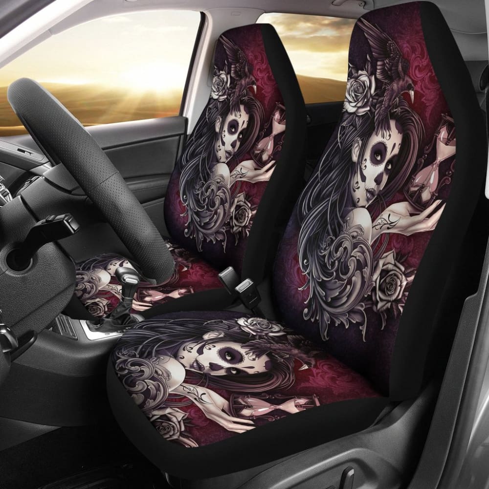 2 Pcs Sugar Skull Girl Car Seat Covers - Mexican Day of the Dead Decor - Universal Fit for Cars, Trucks & SUVs - Perfect for Halloween, Dia de los Muertos & Gothic Home Decor