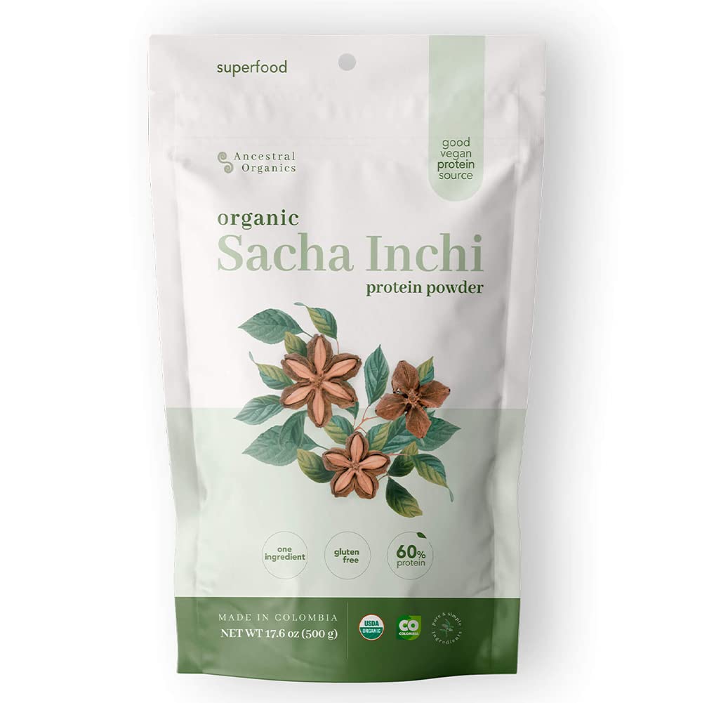 ANCESTRAL ORGANICS Vegan Protein Powder | Organic Sacha Inchi Superfood - 17g Plant-Based Protein | Nutrient-Rich & Highly Digestible | Gluten-Free, Dairy-Free, Sugar-Free | 1.1lb | Perfect for Smoothies, Post-Workout Recovery & Vegan Baking