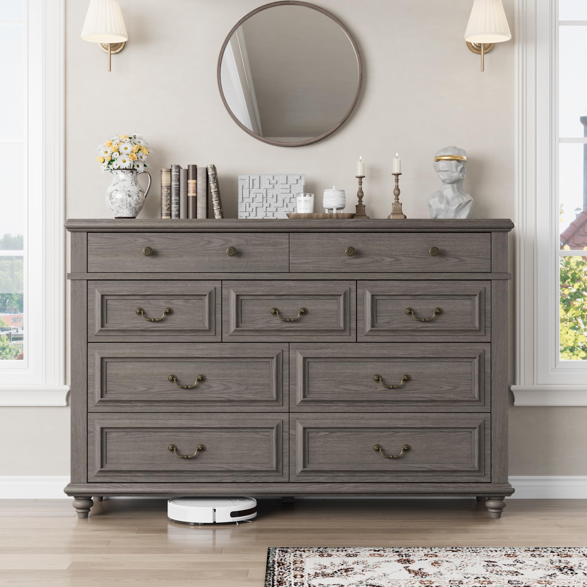 Farmhouse 9-Drawer Dresser with Deep Storage - Large Grey Wooden Chest of Drawers for Bedroom, Living Room & Hallway | Perfect for Organizing Clothes, Linens & Home Decor (Grey, 9-Drawer)