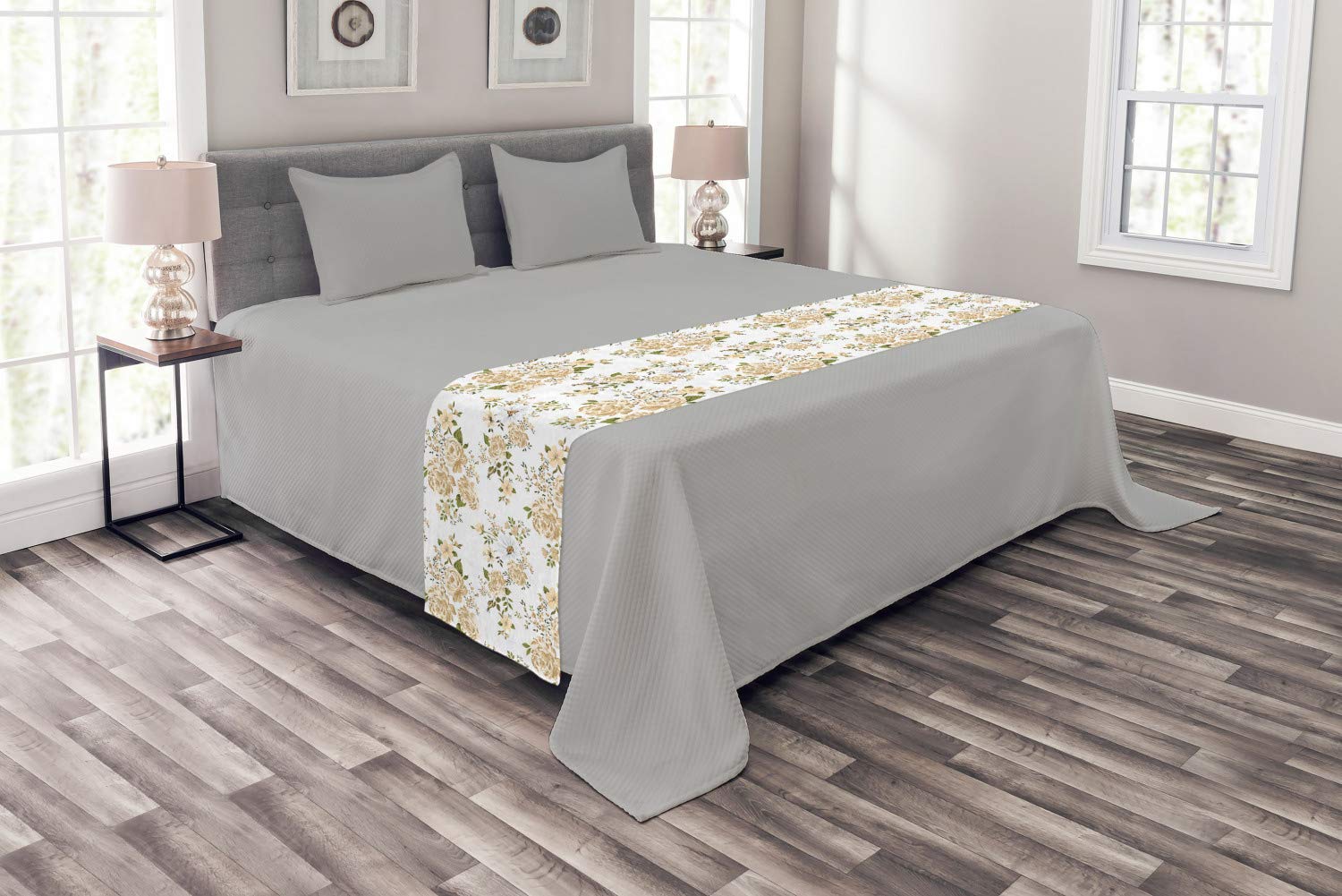 Ambesonne Floral Bed Runner - Gardening Theme Roses Botany Design, White & Beige Decorative Bedding Scarf for Hotels, Homes & Guestrooms | Perfect for Spring Decor, Wedding Accents & Bedroom Styling