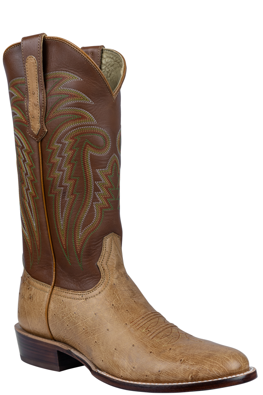 R. Watson Smooth Ostrich Leather Roper Boots - Antique Saddle Western Cowboy Boots for Men - Durable & Comfortable for Riding, Work & Casual Wear