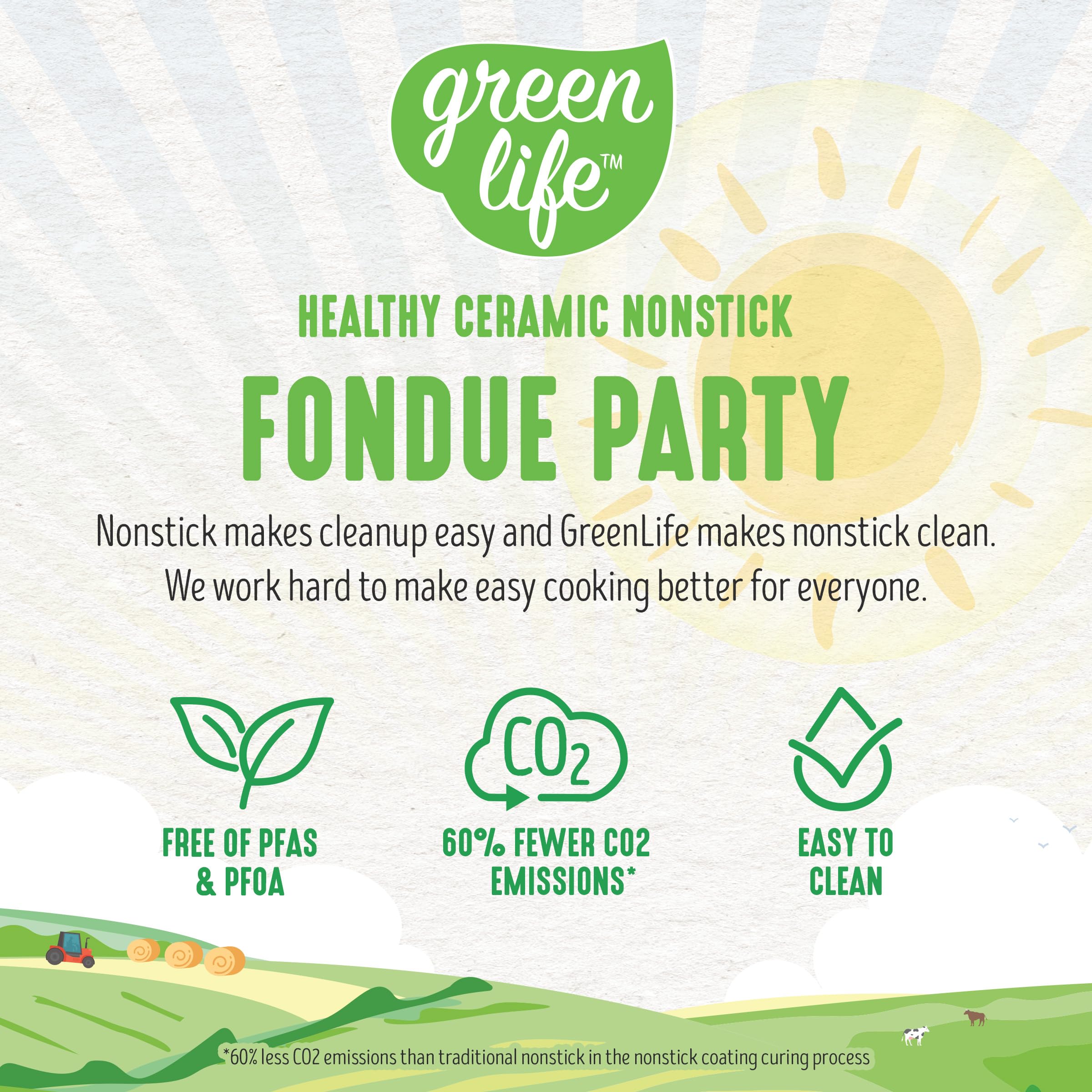 GreenLife 14 Cup Electric Fondue Pot Set for Cheese, Chocolate & Meat - 8 Color Coded Forks, Ceramic Nonstick Coating, Adjustable Temp Control, PFAS-Free (Red) - Perfect for Parties, Family Gatherings & Romantic Dinners
