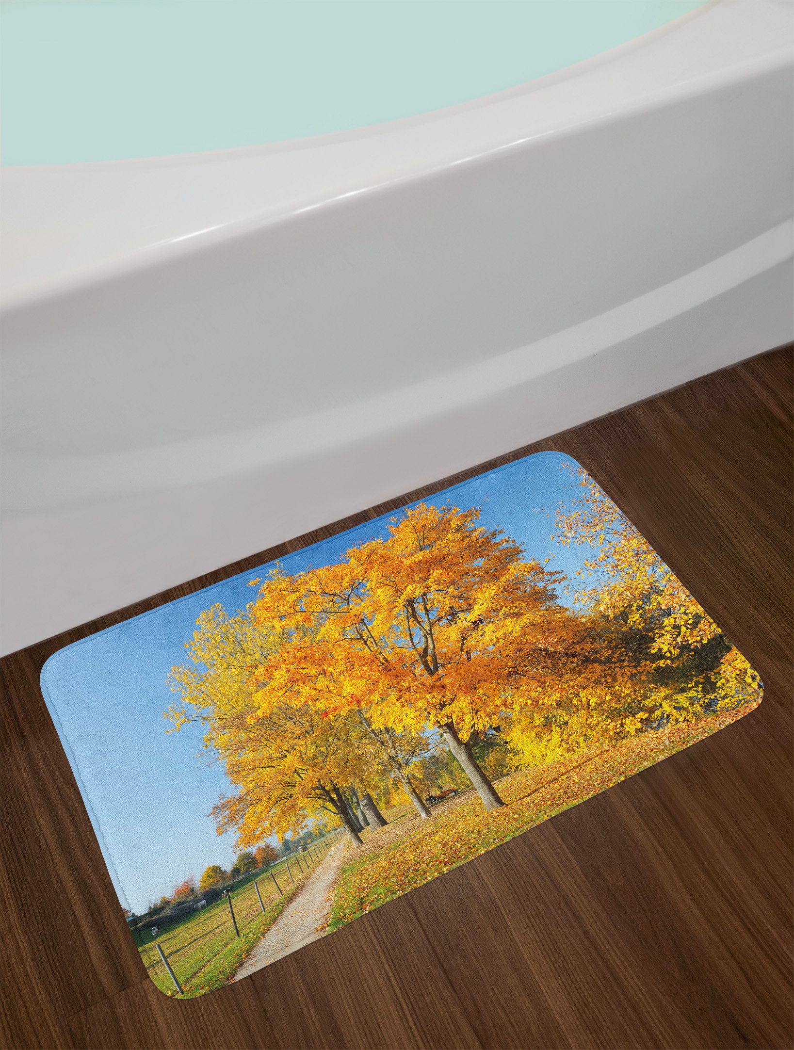 Ambesonne Plush Non-Slip Bath Mat - Maple Trees Countryside Landscape Design, 30.2 x 20 Inches, Pale Blue Yellow Green - Soft Bathroom Rug for Cozy Home Decor, Perfect for Master Bath, Guest Bathroom & Spa Retreat