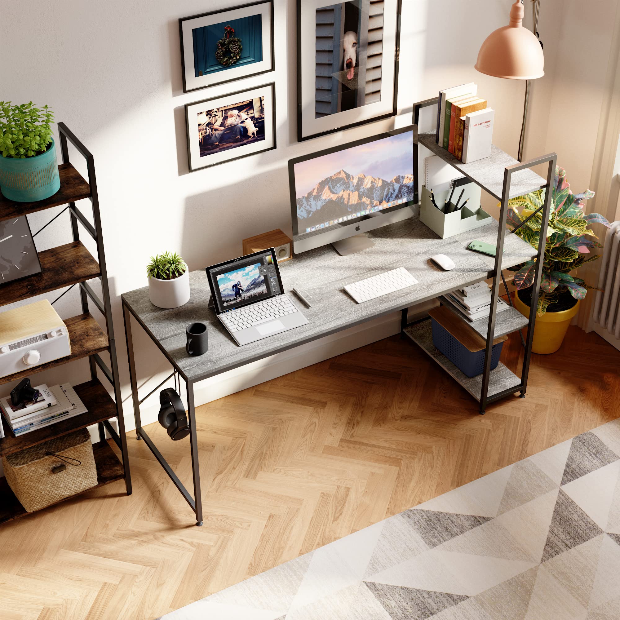 Bestier 63 Inch Adjustable Height Computer Desk with Reversible Bookshelf & Metal Legs - Home Office Desk for Work, Study & Gaming - Wash White Modern Writing Table for Small Spaces & Studio Apartments