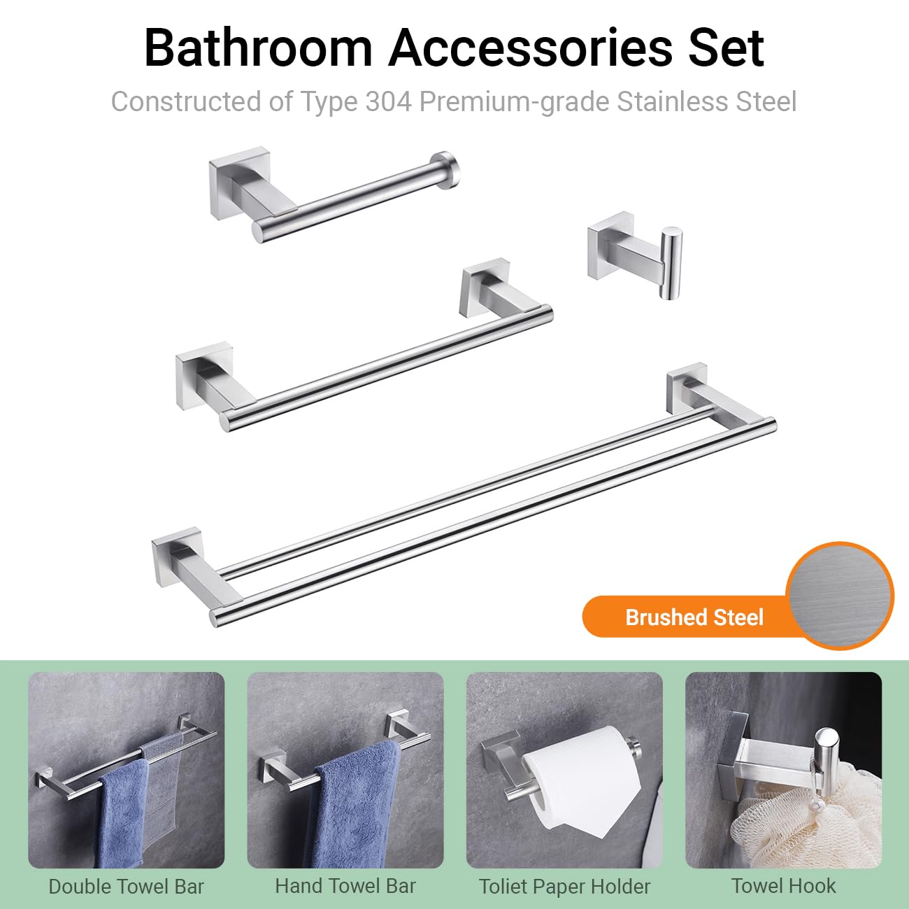 Hoooh 4-Piece Brushed Stainless Steel Bathroom Accessories Set - Wall Mounted Double Towel Bar, Hand Towel Rack, Toilet Paper Holder & Robe Hooks (BS101S4-BN) - Modern Bathroom Organization for Home & Hotel Use