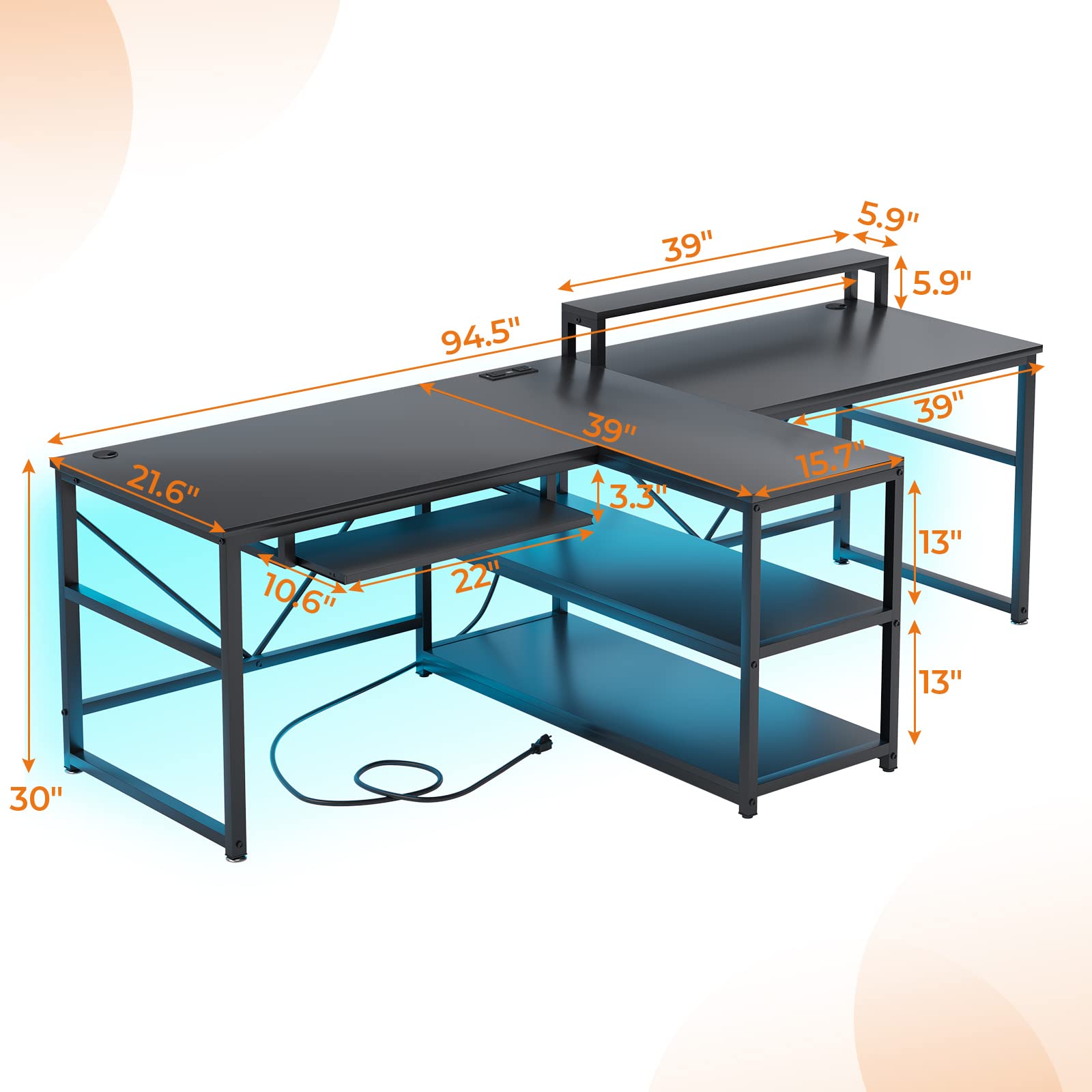 SEDETA 94.5 Inch Large Two Person Gaming Desk with LED Lights, Storage Shelves & USB Power Strip - Home Office Computer Desk with Keyboard Tray & Monitor Stand for Gamers & Remote Workers (Black) | Perfect for Multiplayer Gaming, Shared Workspaces & Home Office Setups