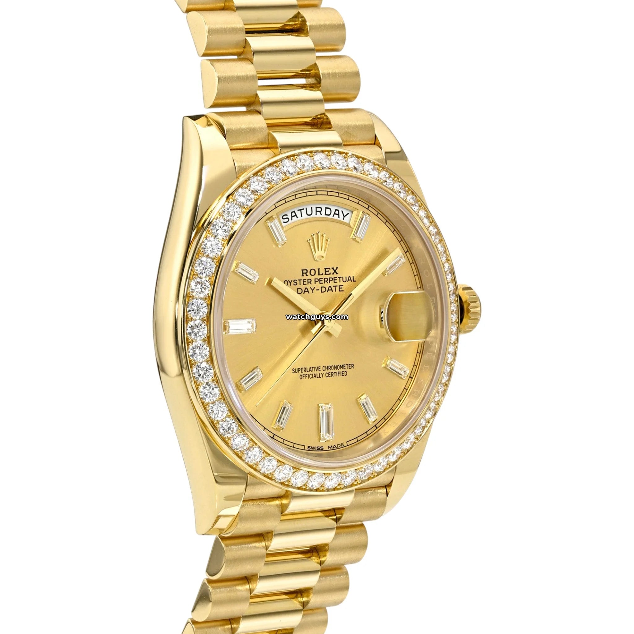 Luxury Rolex Day-Date 228348RBR 18K Gold Watch with Champagne Dial & Baguette Diamonds - Perfect for Business Meetings & Formal Events