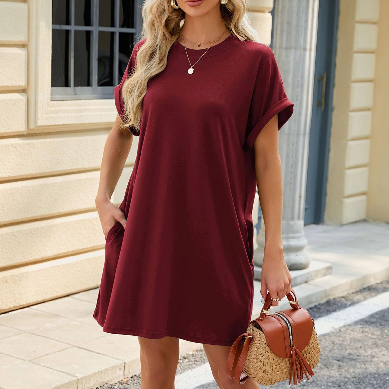 2025 Summer Dresses for Women - Solid Color Crewneck Short Sleeve T-Shirt Dress, Loose Fit Beach Vacation Mini Dress | Casual Outing, Pool Party, Summer Travel Essential