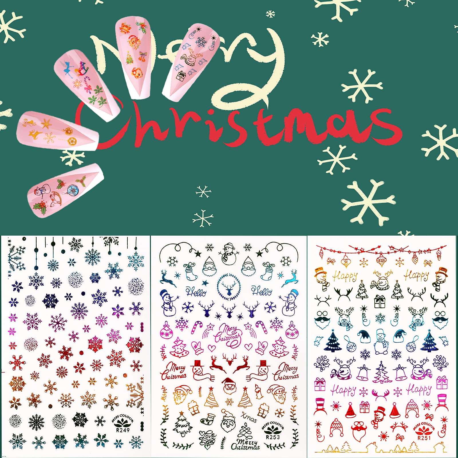 AIEX 12 Sheets Christmas Nail Stickers - Santa Claus, Elk & Christmas Tree Nail Art Decals for Holiday Manicures | DIY Christmas Nail Decor for Parties, Gifts & Festive Beauty