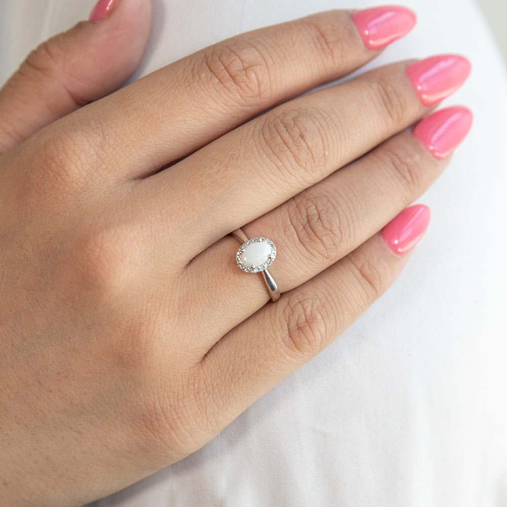 9ct White Gold 0.45ct Natural White Opal and Diamond Halo Ring - Elegant Engagement & Wedding Jewelry for Women