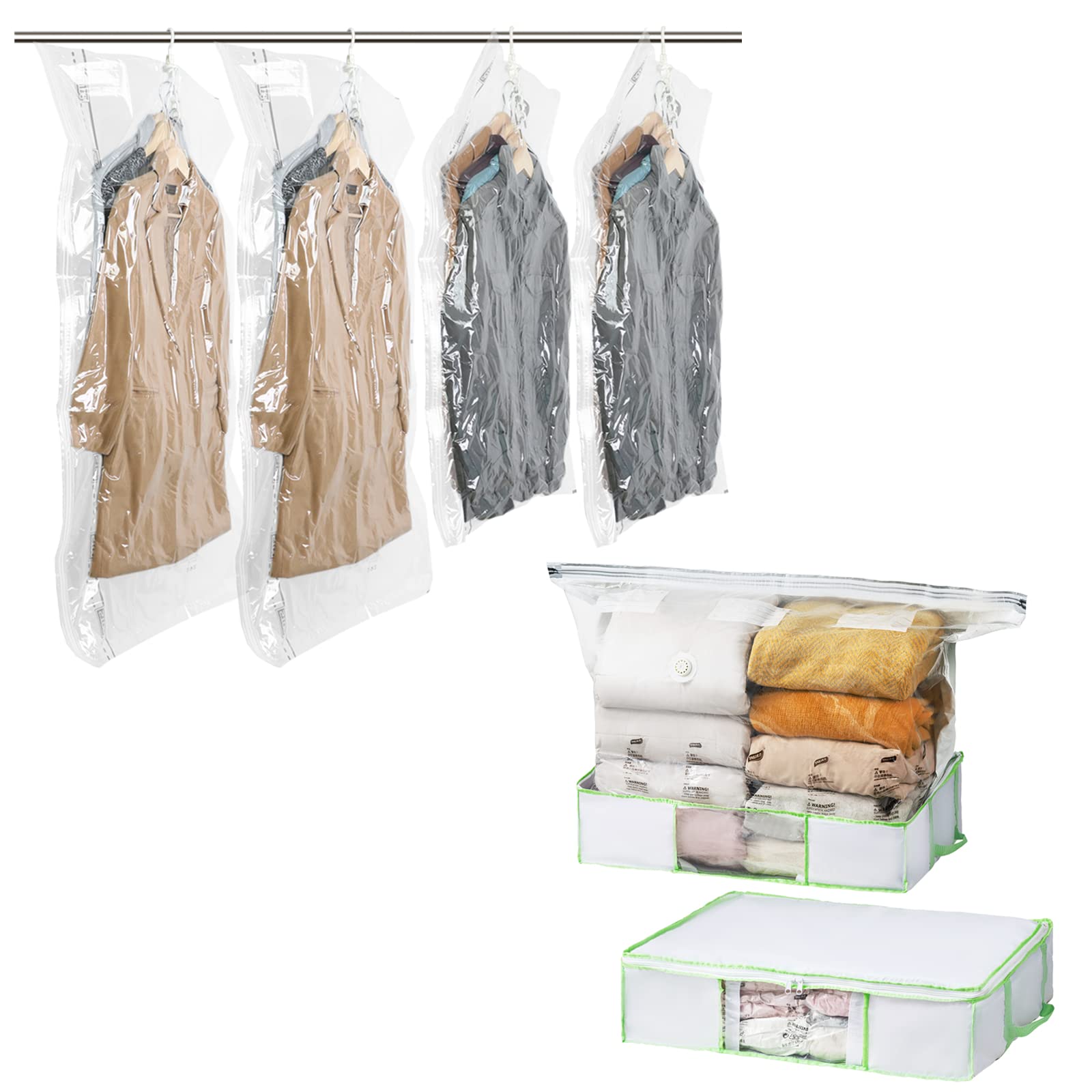 TAILI 4-Pack Hanging Vacuum Space Saver Bags & 1 Large Capacity Foldable Clothes Storage Organizer - Closet Organization for Travel, Seasonal Clothing Storage & Space Saving Solution
