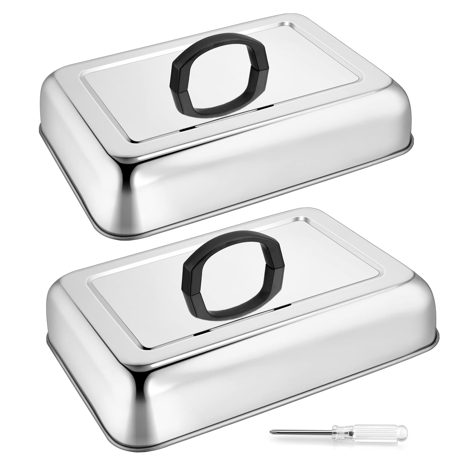 2PCS Stainless Steel Rectangular Basting Cover - Heavy Duty Cheese Melting Dome & Steaming Lid for Griddle Grill - Perfect for Flat Top BBQ, Kitchen & Outdoor Cooking - Dishwasher Safe - Ideal for Melting Cheese, Steaming Veggies & Keeping Food Warm