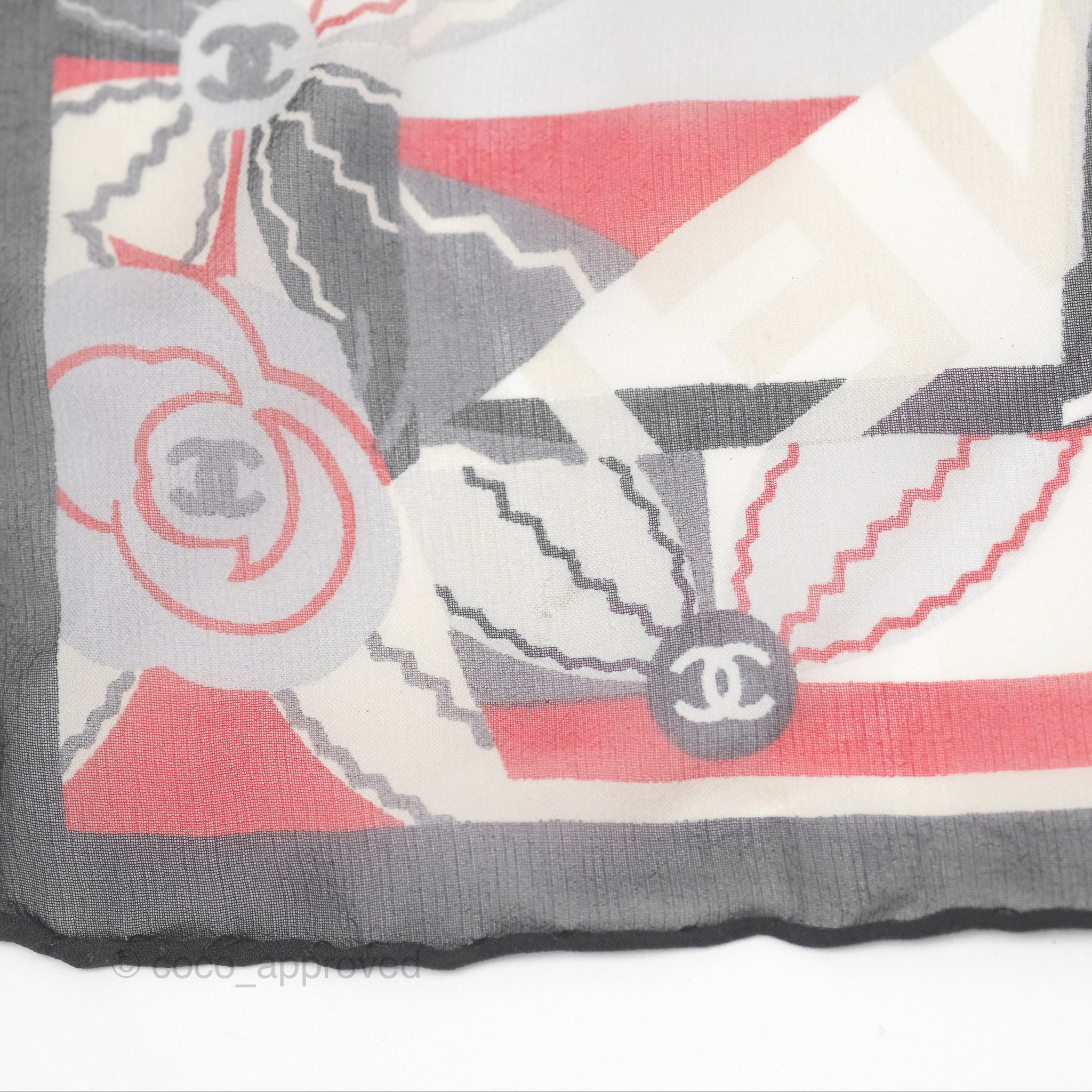 Chanel CC Silk Square Scarf 90 - Elegant Grey Red White Pattern - Luxury Fashion Accessory for Women - Perfect for Gifts, Parties, and Everyday Style