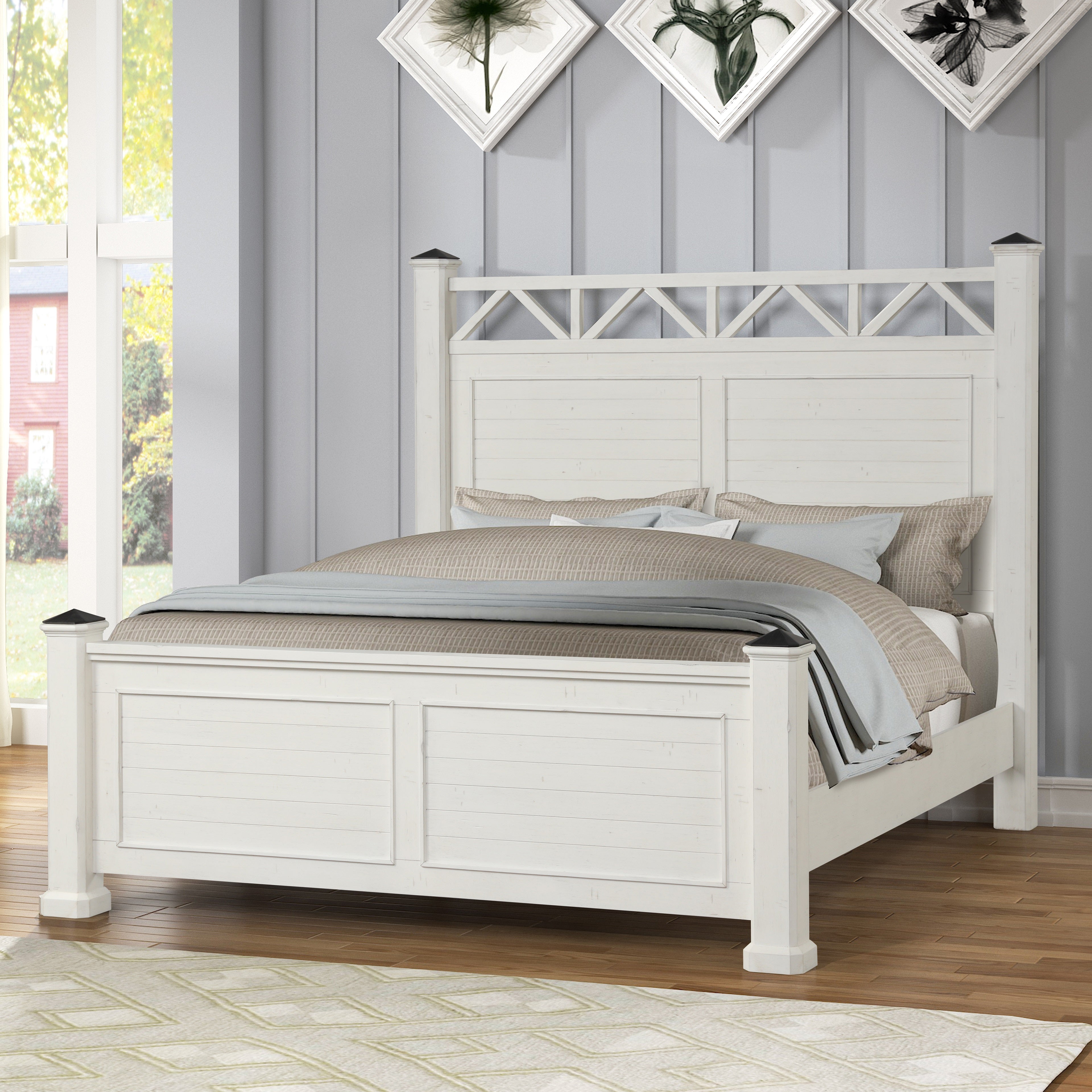 Laria Antique White Finish Wood Panel Bed - Queen Size Solid Wood Bed Frame with Vintage Style for Master Bedroom & Guest Room Decor