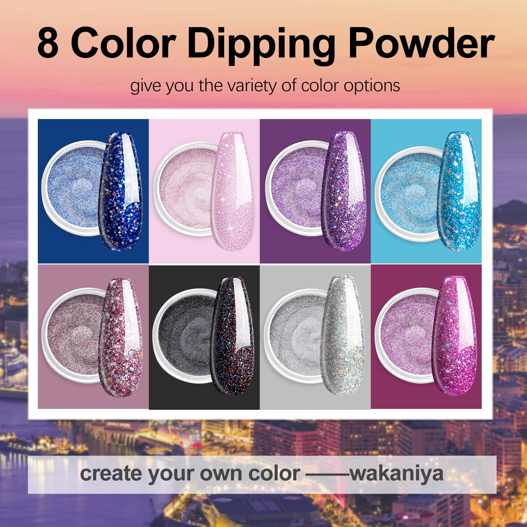 Wakaniya Dip Powder Nail Kit - 8 Colors Glitter Purple Galaxy Nail Powder Set with Base & Top Coat, Nail Remover Pads | Complete Starter Kit for Beginners | Perfect for Home Manicures, Salon-Quality Nails & DIY Nail Art