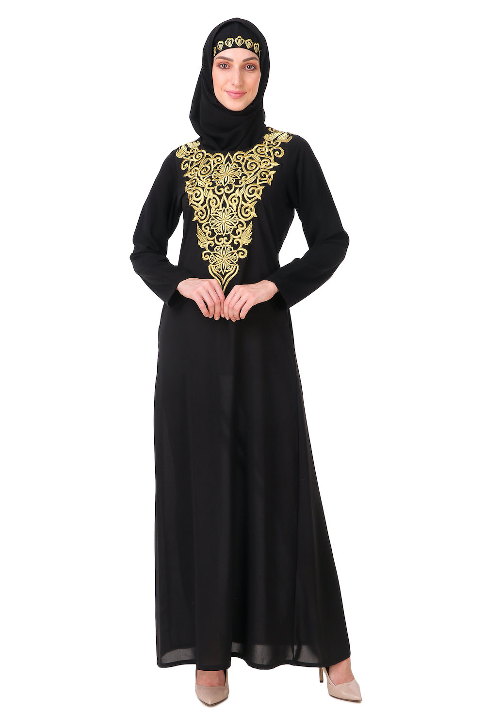 Gold Hand Embroidered Elegant Abaya Dress AY 806 - Perfect for Weddings, Parties & Special Occasions