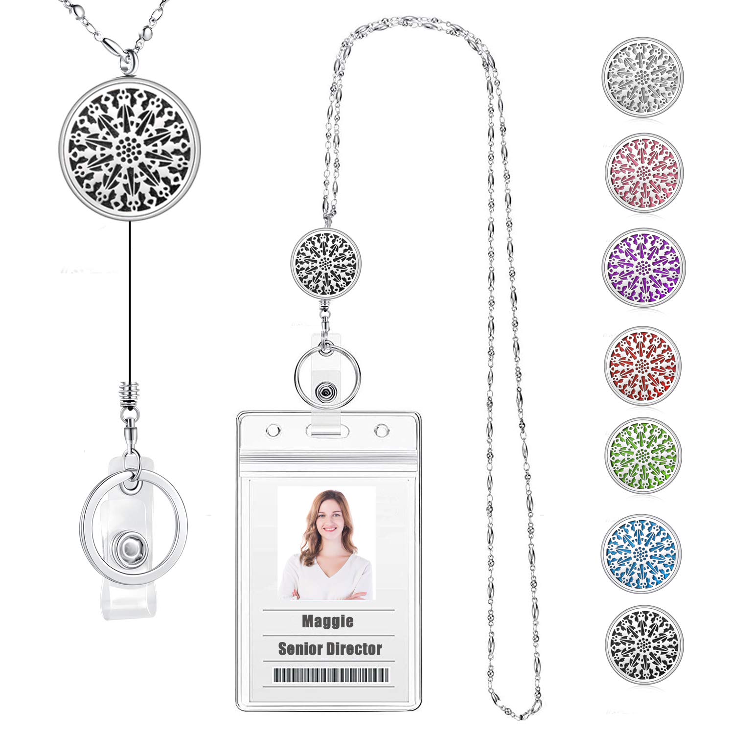 Retractable ID Badge Lanyard for Office, Nurse & Teacher - Silver Chain Keychain Necklace for Work & School