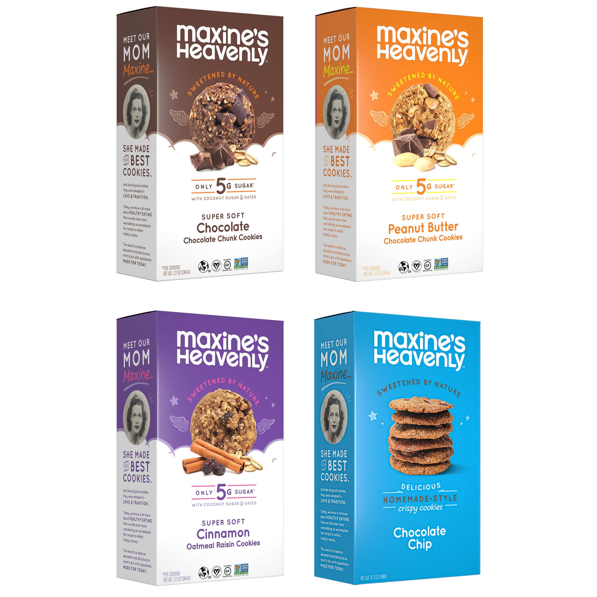 Maxine's Heavenly Gluten-Free Cookie Variety Pack - Chocolate Chip & Oatmeal Cookies | Vegan, Dairy-Free, Low Sugar Snacks Sweetened with Coconut Sugar & Dates | 7.2oz Each (4-Pack) | Perfect for Healthy Snacking, Office Treats & Gift Baskets